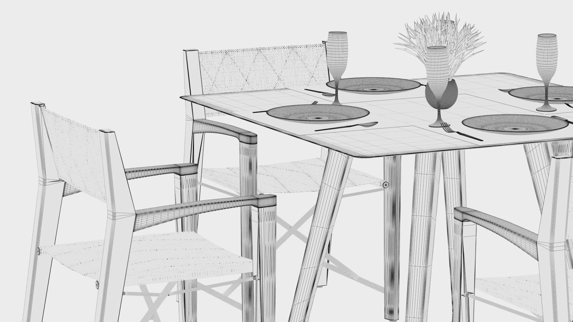 Dining square table with 4 director chairs 3D model 3D model_10