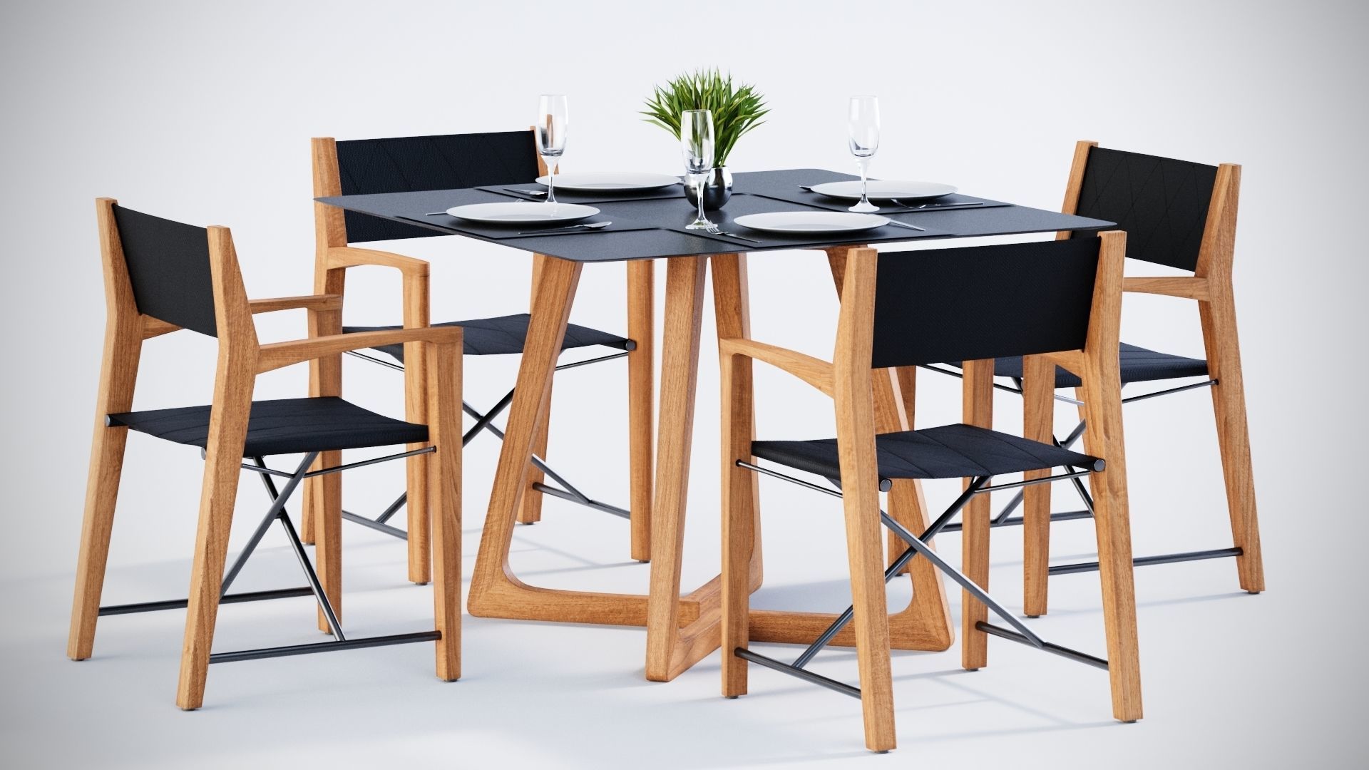 Dining square table with 4 director chairs 3D model 3D model_1