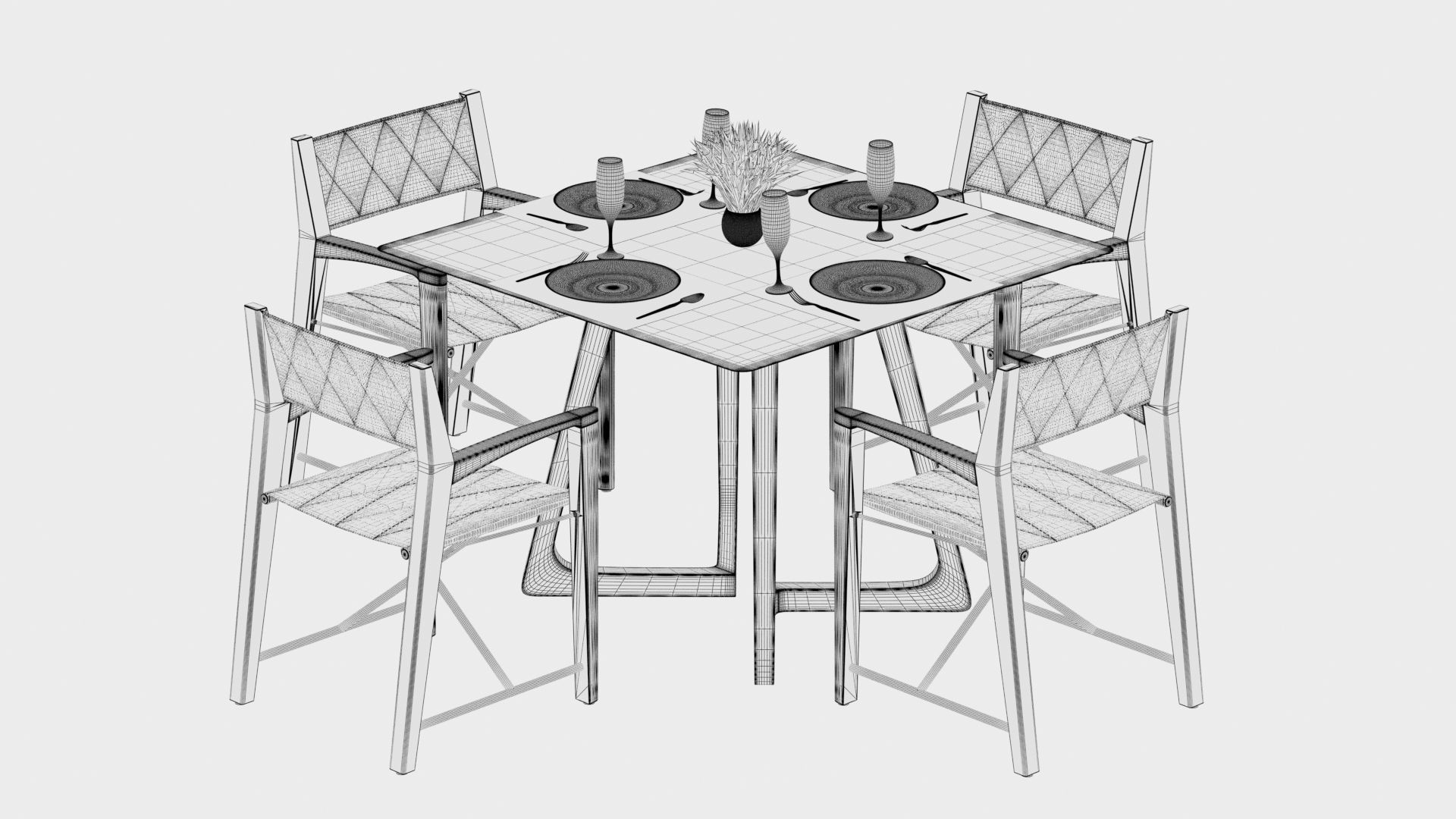 Dining square table with 4 director chairs 3D model 3D model_6