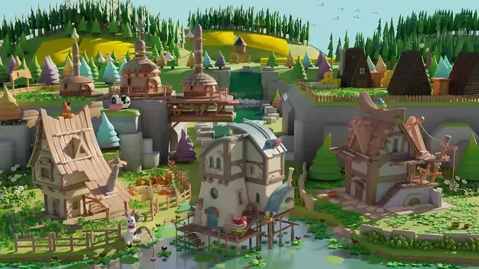 Animal village Buildings  Environment  Assets made in Blender 3D