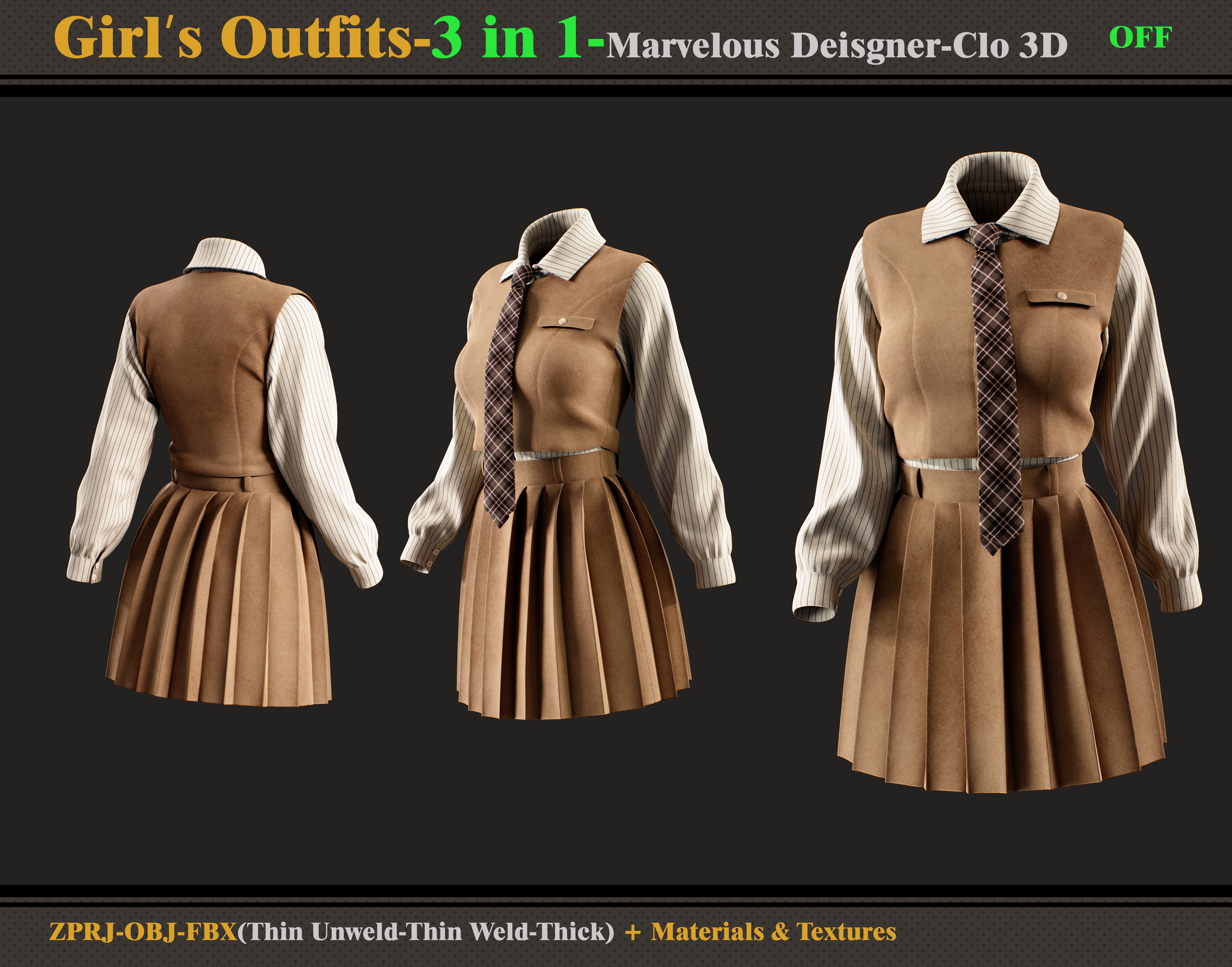 3 in 1 Girls Outfits- MD-Clo3d-OBJ - FBX -Materials-Textures 3D model_7