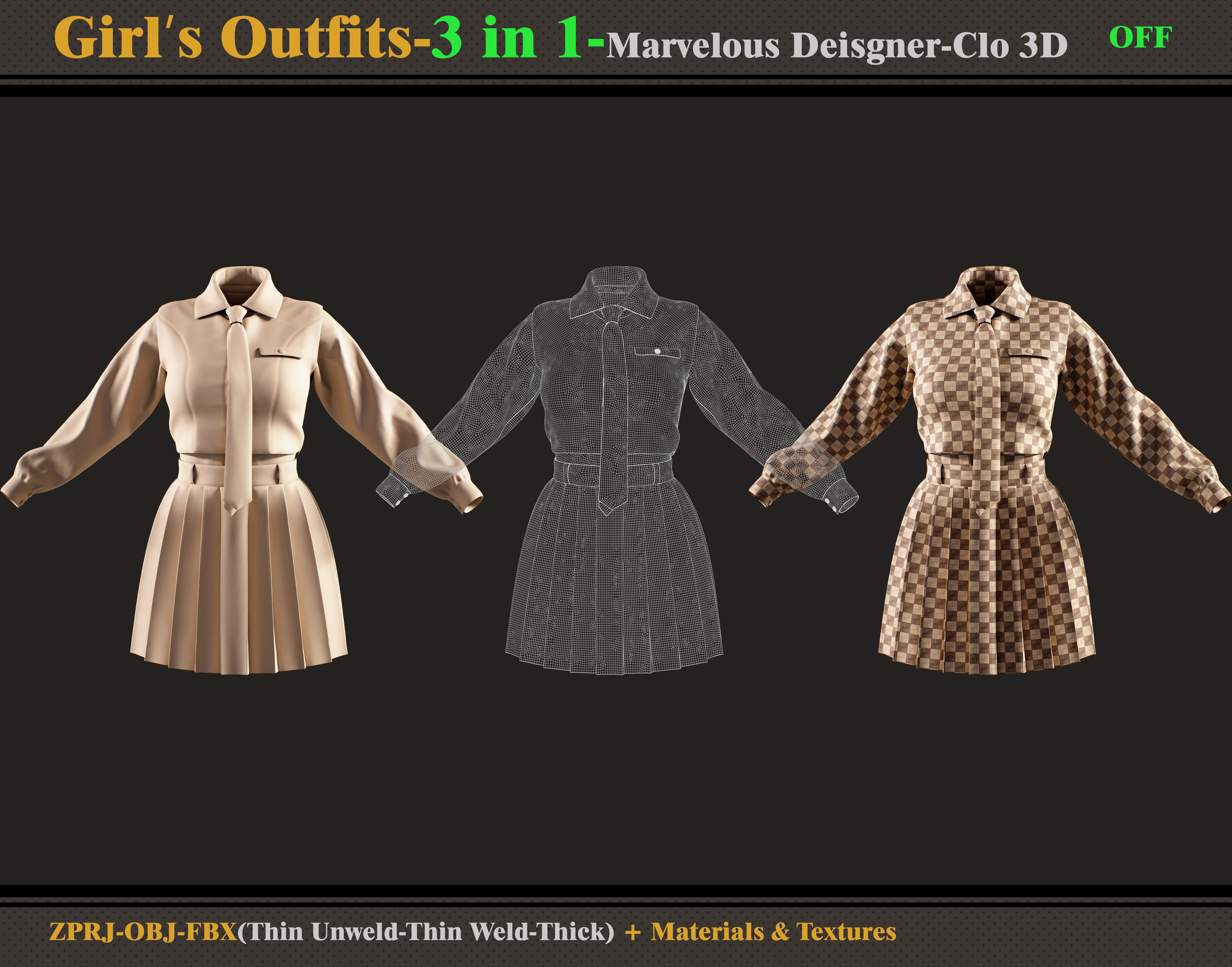 3 in 1 Girls Outfits- MD-Clo3d-OBJ - FBX -Materials-Textures 3D model_1