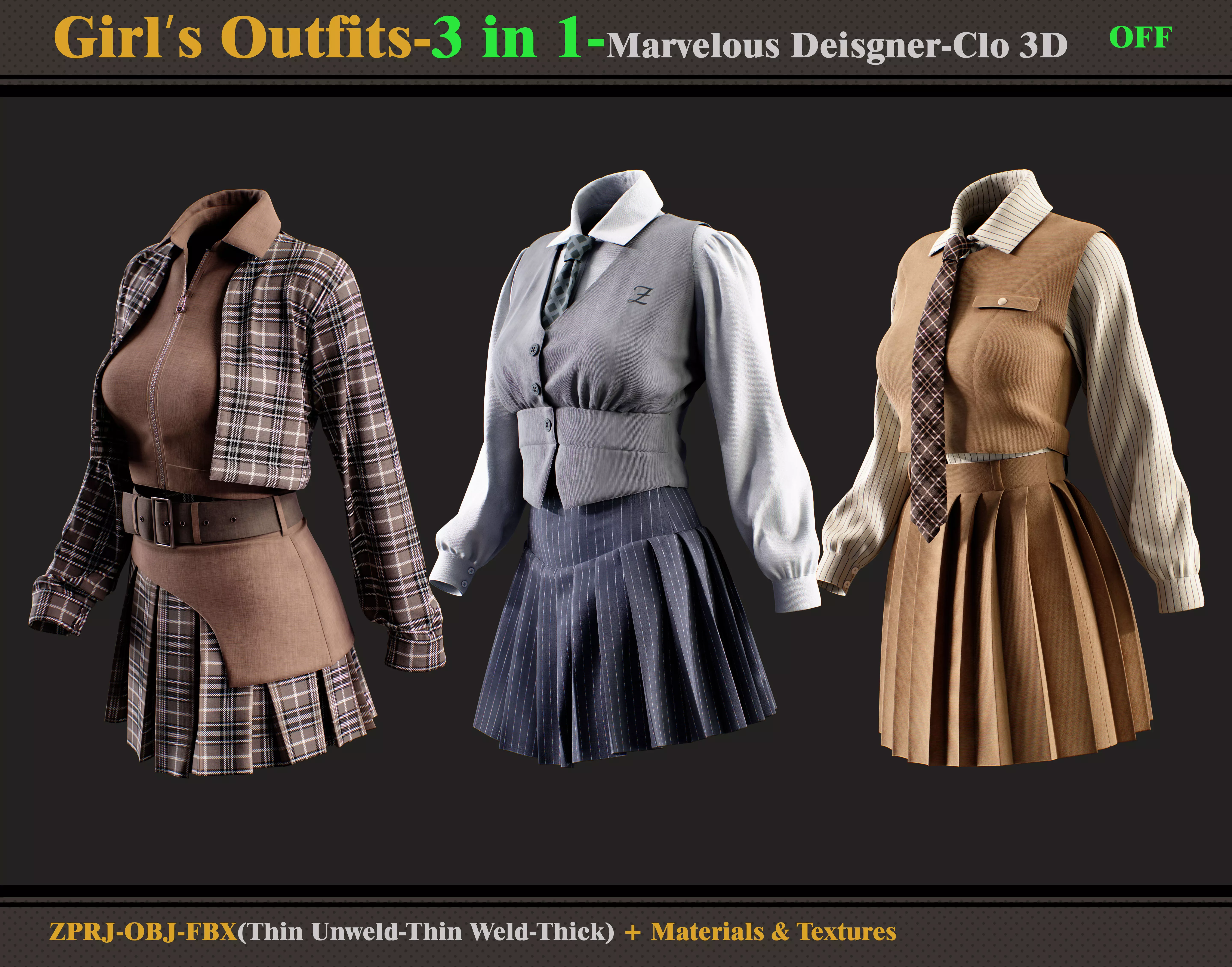 3 in 1 Girls Outfits- MD-Clo3d-OBJ - FBX -Materials-Textures 3D model_0