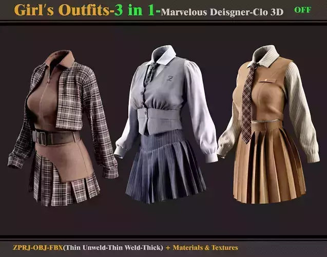 3 in 1 Girls Outfits- MD-Clo3d-OBJ - FBX -Materials-Textures