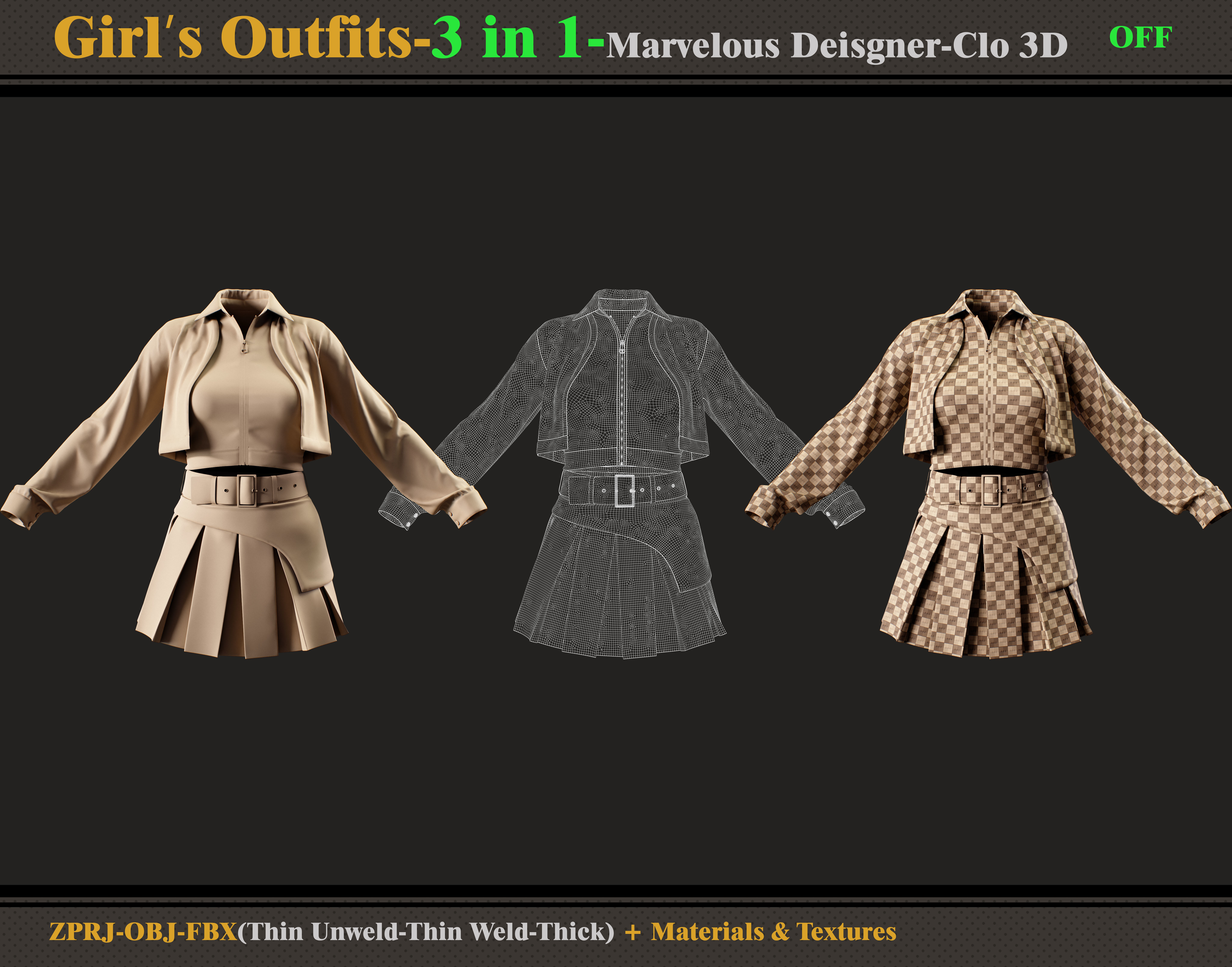3 in 1 Girls Outfits- MD-Clo3d-OBJ - FBX -Materials-Textures 3D model_8