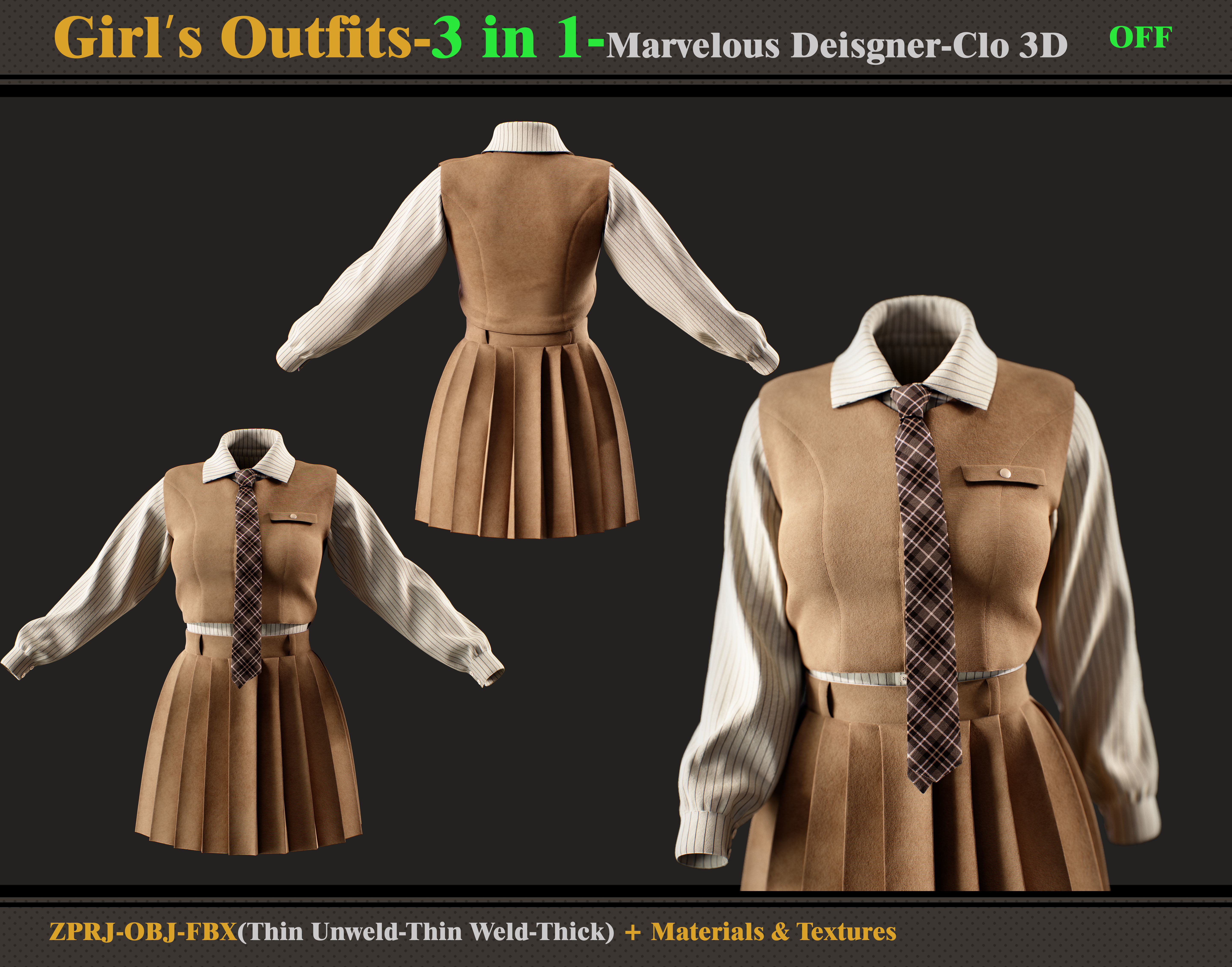 3 in 1 Girls Outfits- MD-Clo3d-OBJ - FBX -Materials-Textures 3D model_4