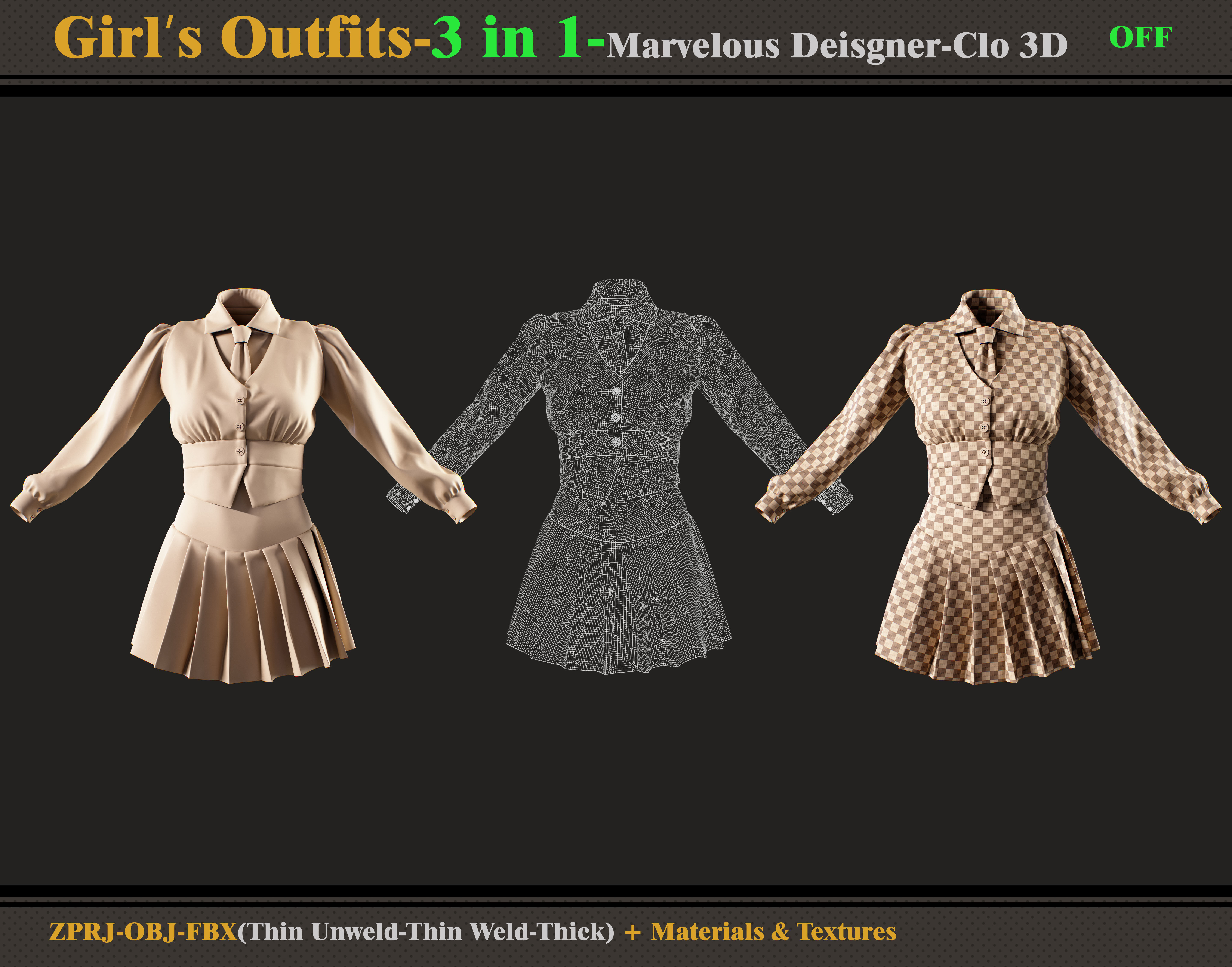 3 in 1 Girls Outfits- MD-Clo3d-OBJ - FBX -Materials-Textures 3D model_9