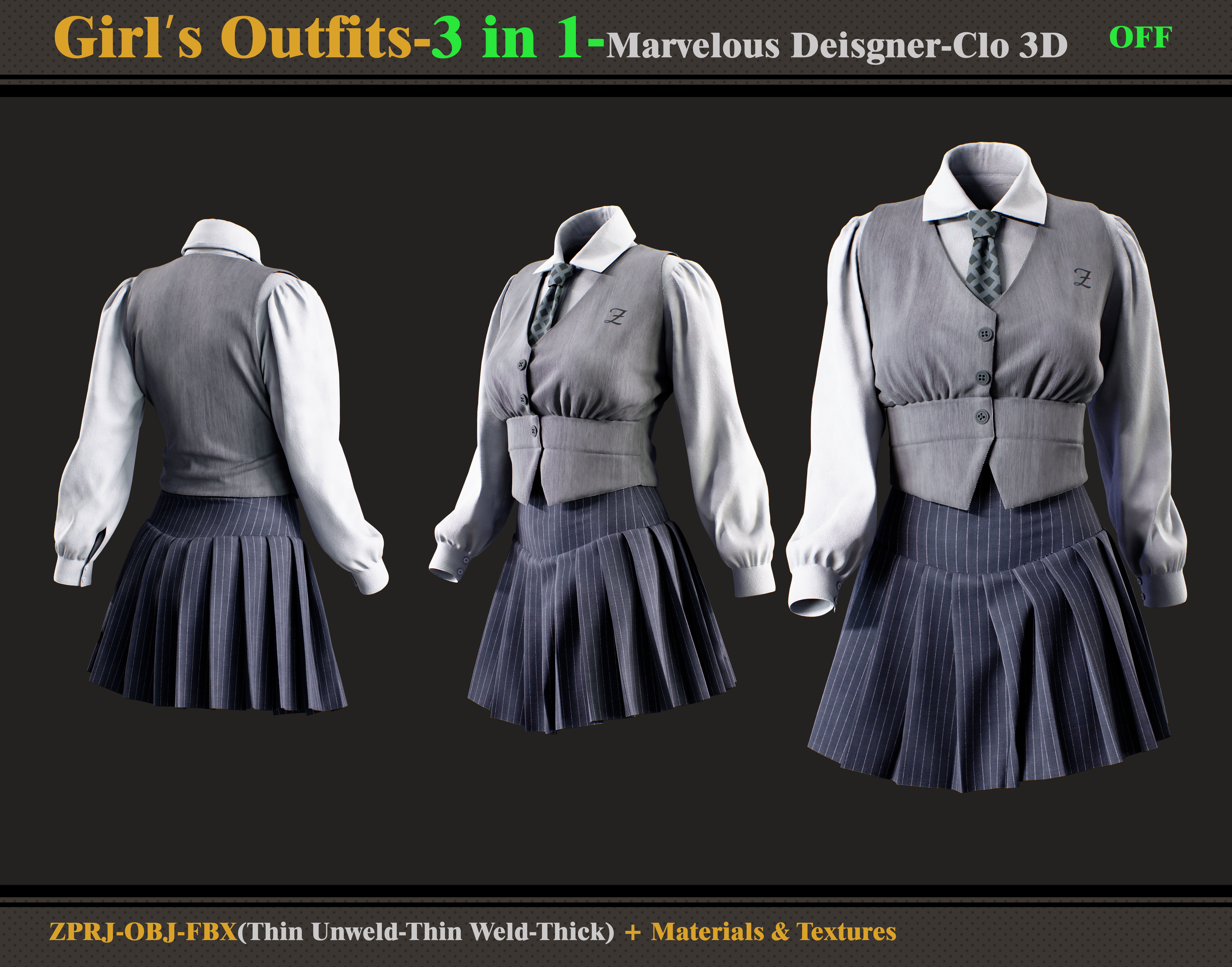 3 in 1 Girls Outfits- MD-Clo3d-OBJ - FBX -Materials-Textures 3D model_6