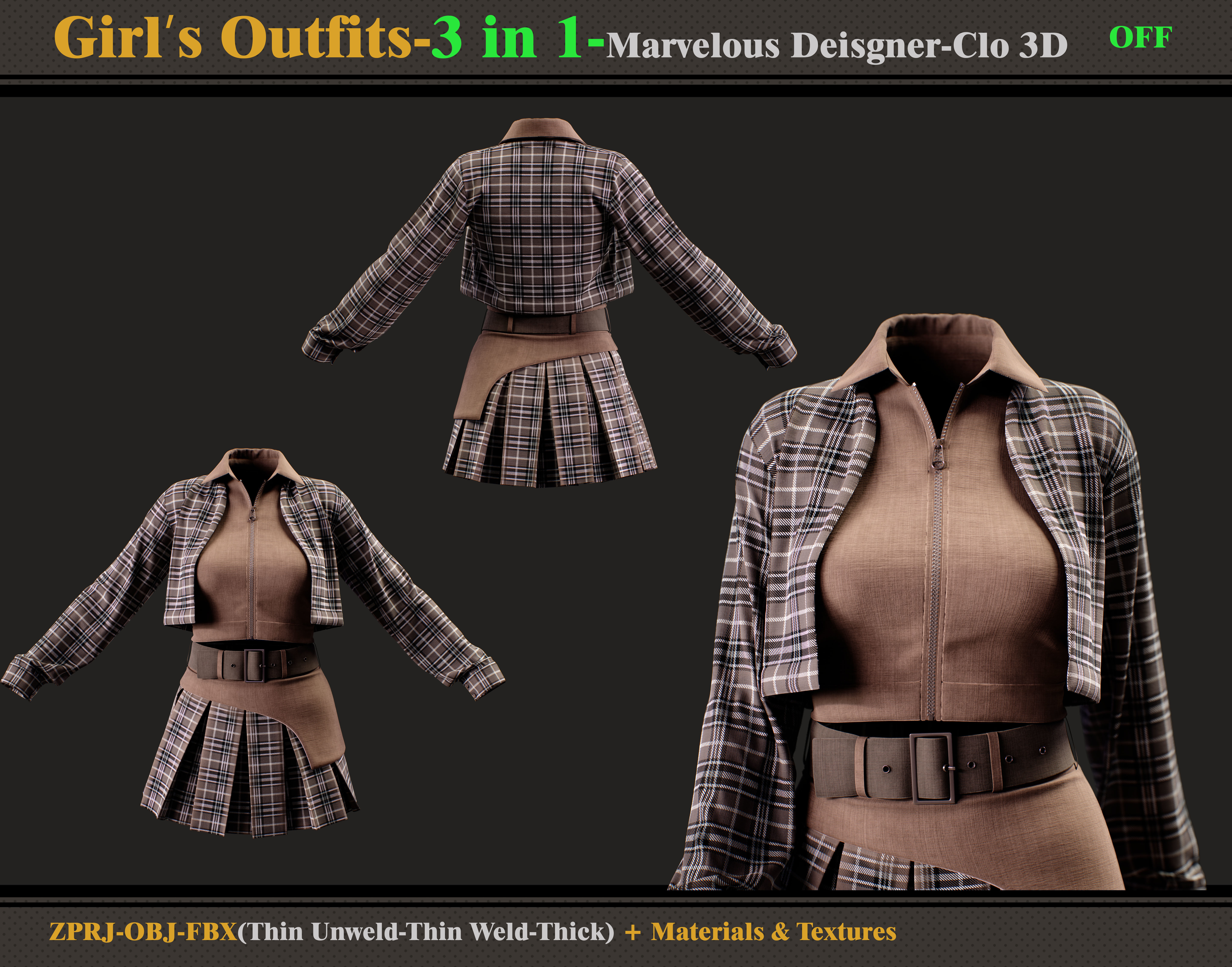 3 in 1 Girls Outfits- MD-Clo3d-OBJ - FBX -Materials-Textures 3D model_2