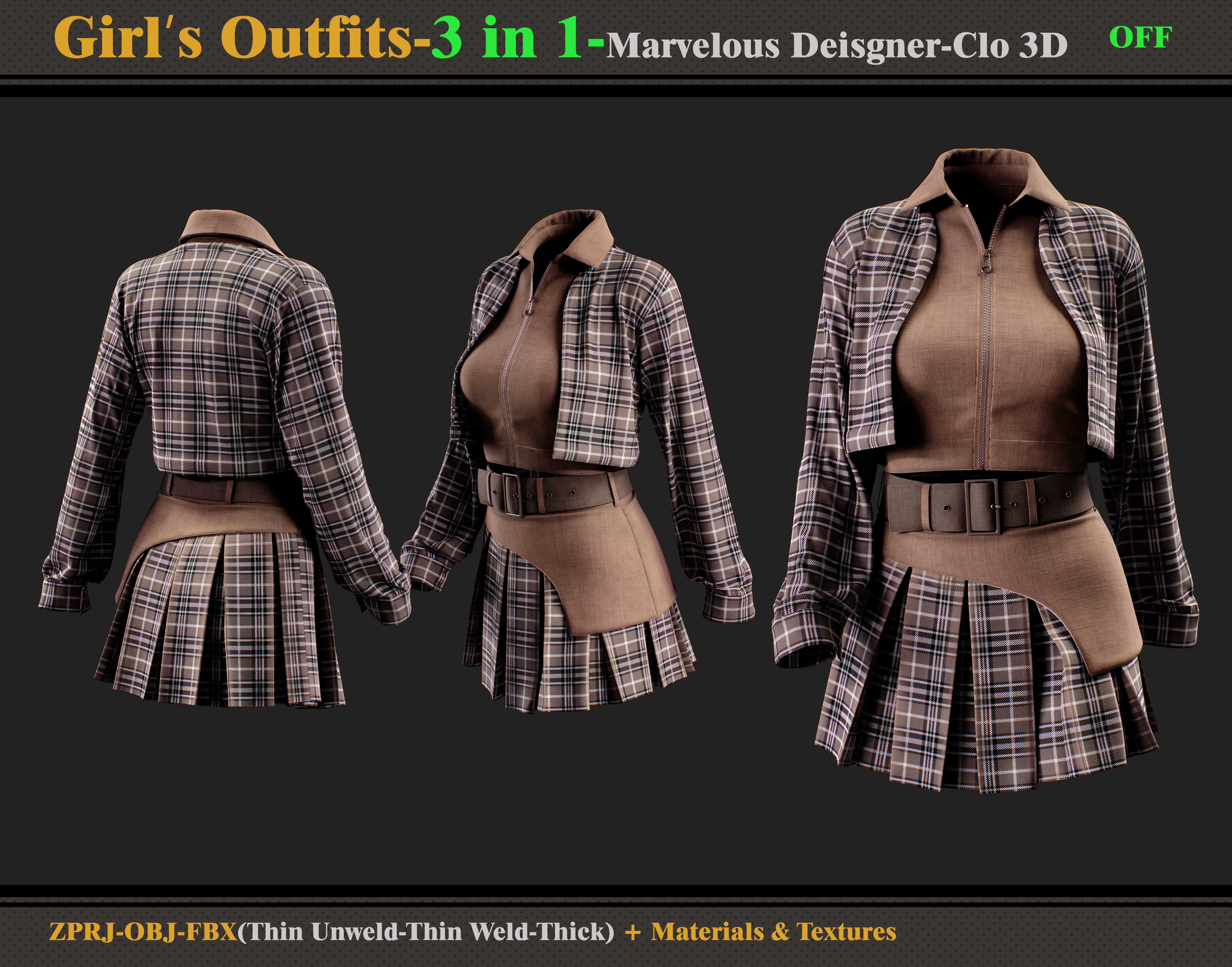 3 in 1 Girls Outfits- MD-Clo3d-OBJ - FBX -Materials-Textures 3D model_5