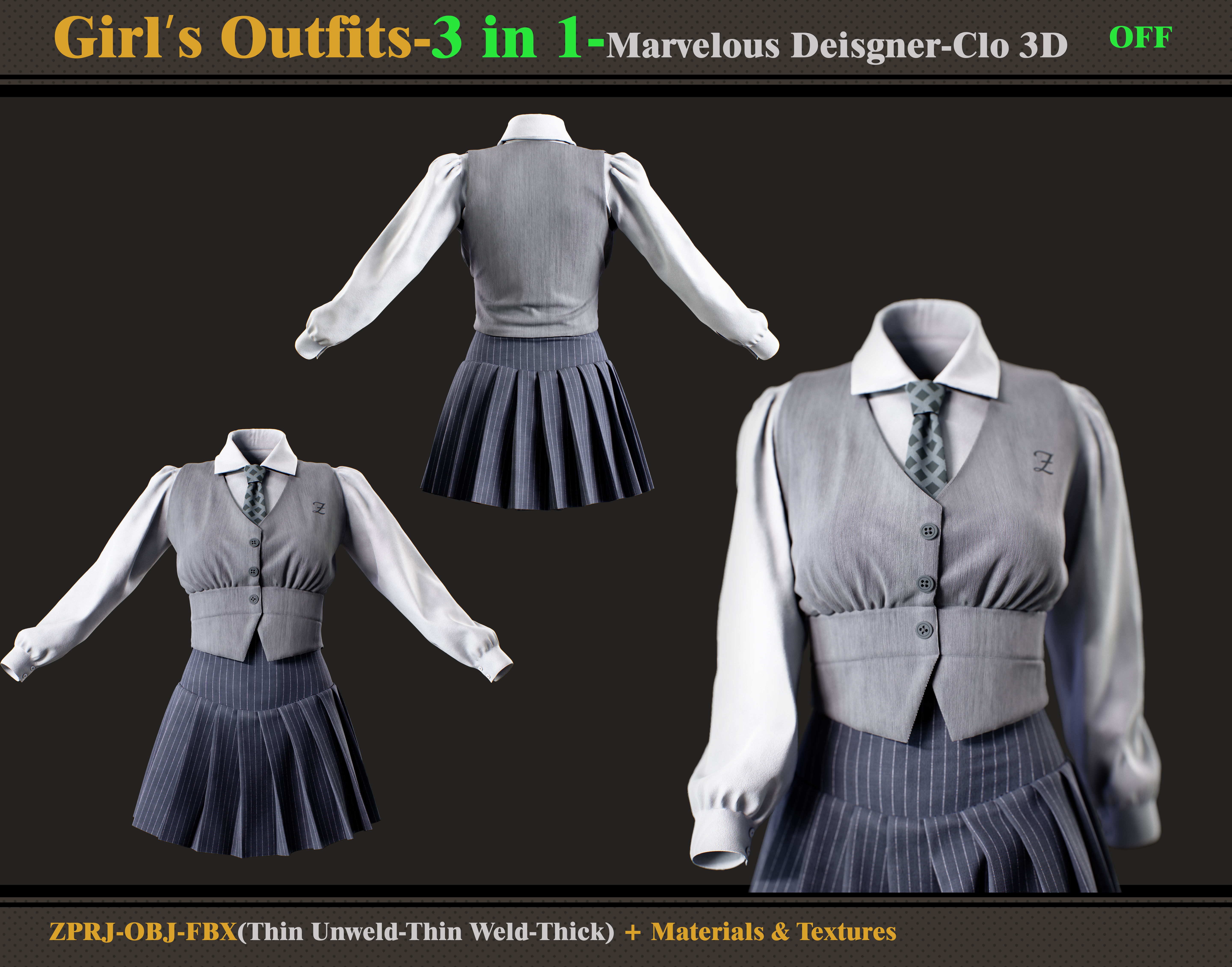 3 in 1 Girls Outfits- MD-Clo3d-OBJ - FBX -Materials-Textures 3D model_3