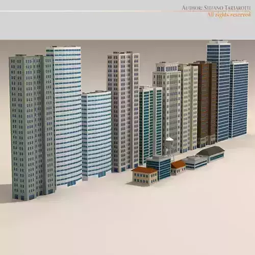 Low poly buildings collection tall in city 3D model