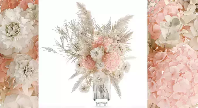 lush bouquet of dried flowers in a pink vase Hydrangea pampas