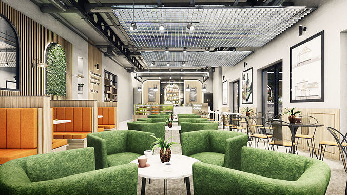 Coffee Shop Interior Collection - 2D drawing A1 size 3D Model Pack 4