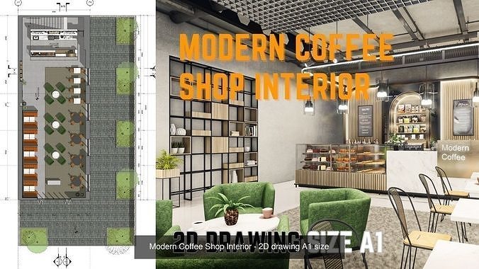 Coffee Shop Interior Collection - 2D drawing A1 size 3D Model Pack 3