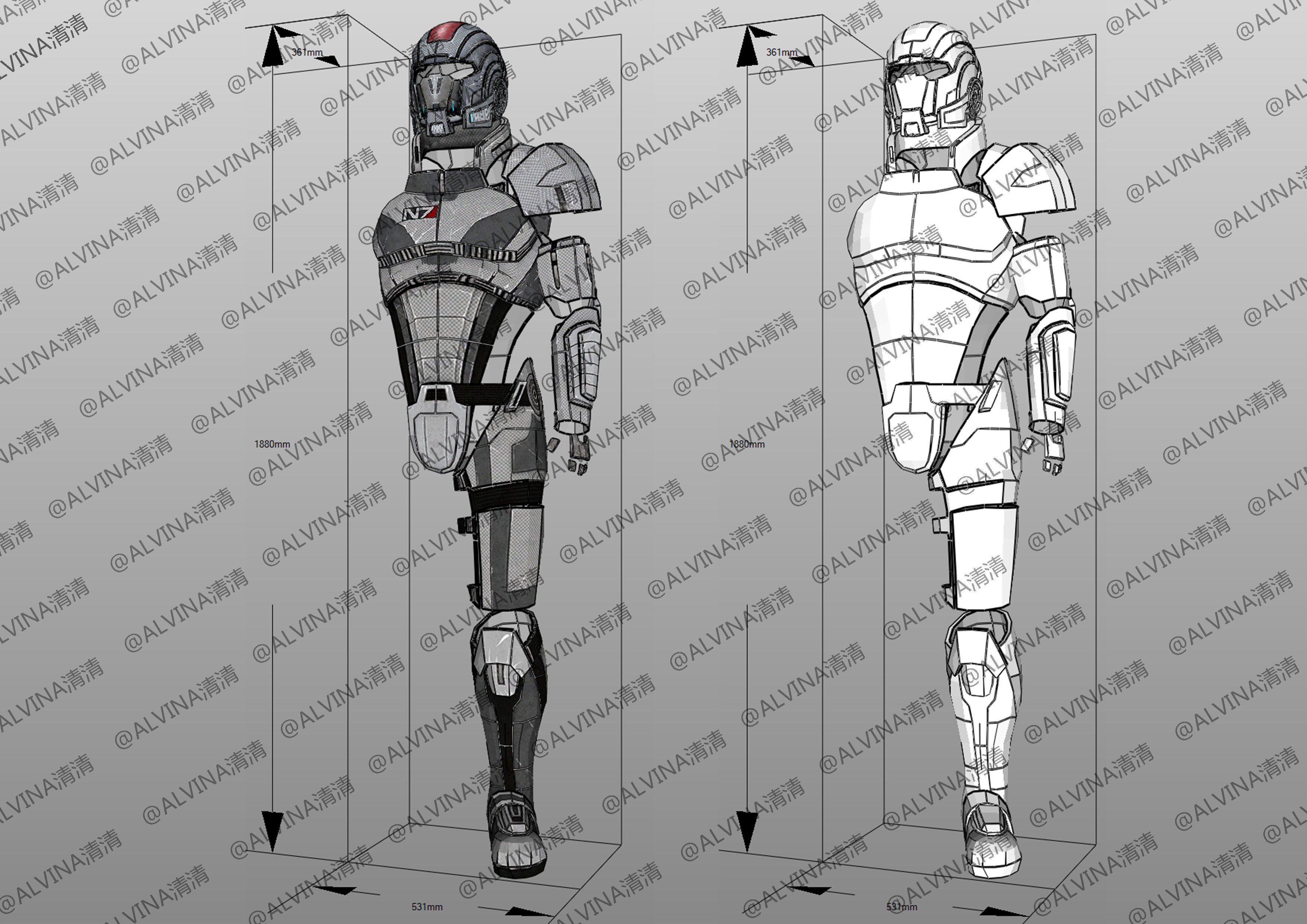 Mass Effect 2 Shepard N7 Armor - DIY Cosplay Pepakura Foam Low-poly 3D model_2