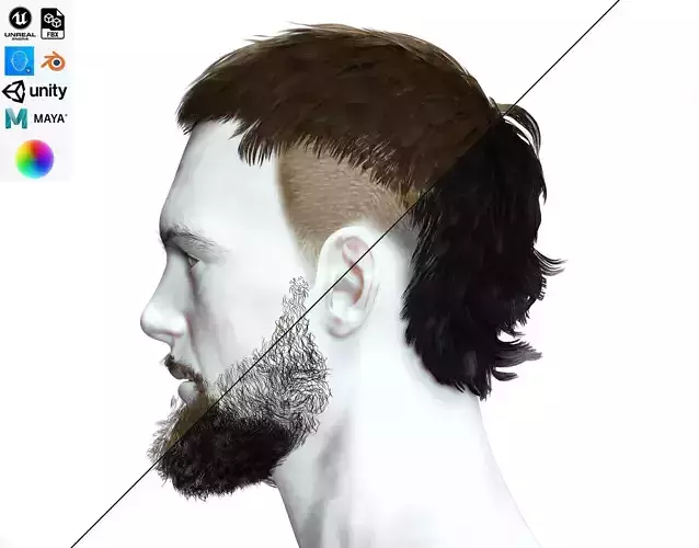 Realistic Mullet Male hair Low-poly 3D model