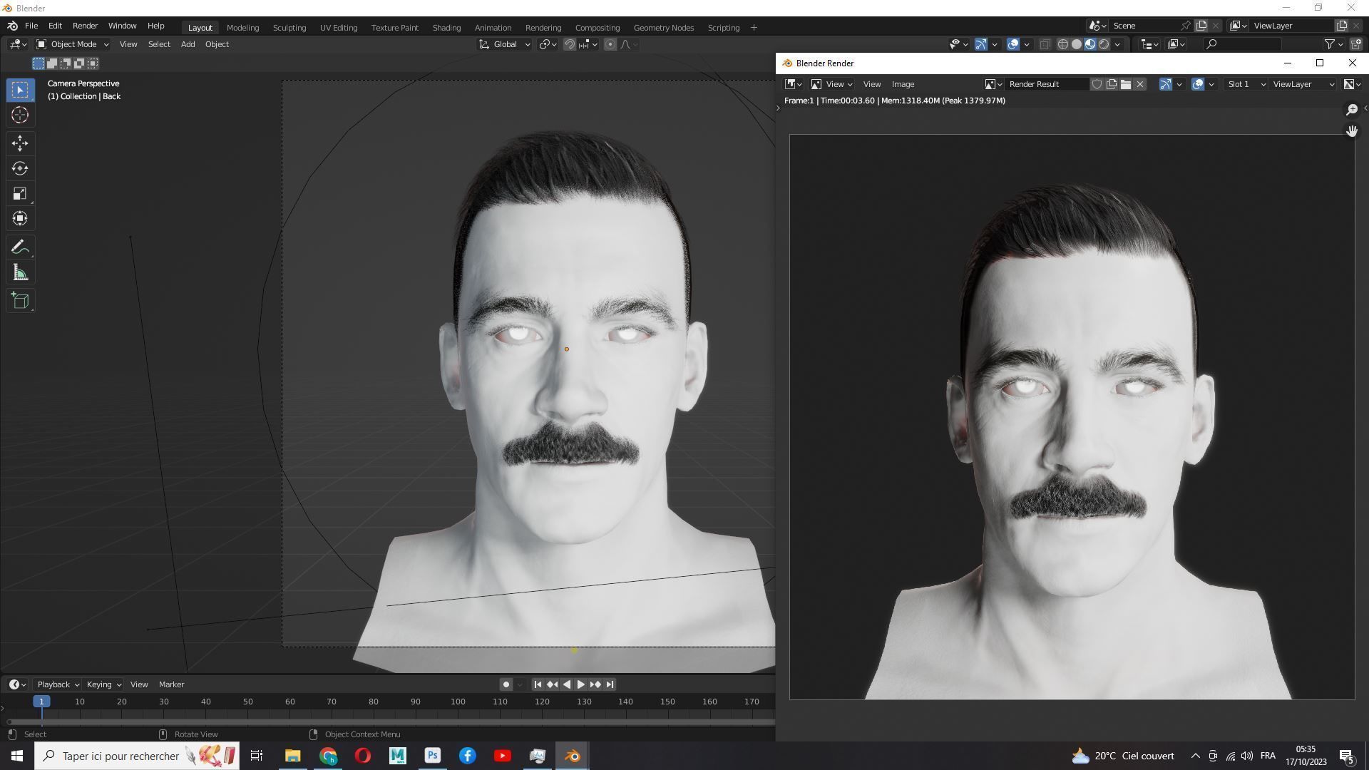 Classic Male Hair With Mustache Low-poly 3D model_20
