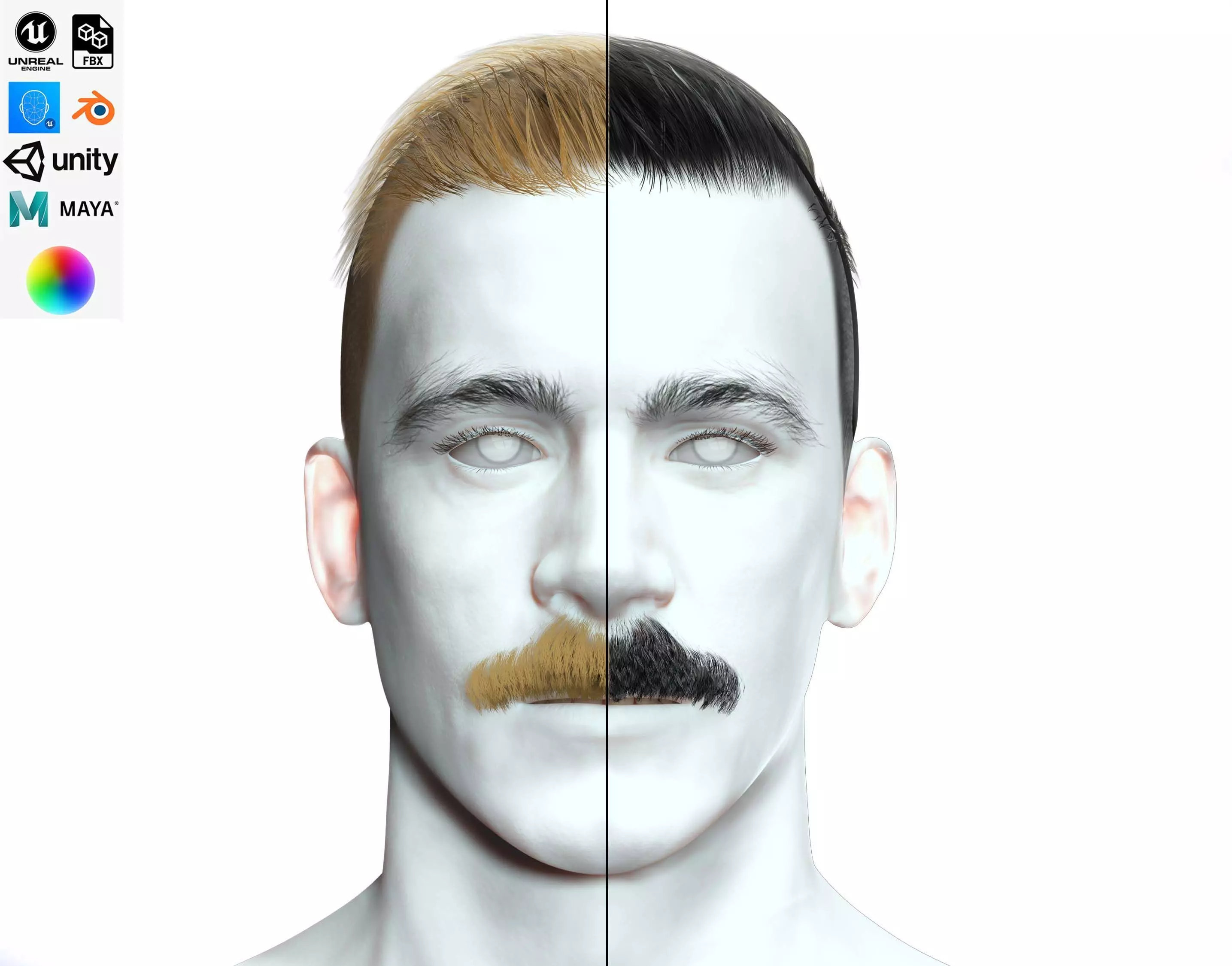Classic Male Hair With Mustache Low-poly 3D model_0