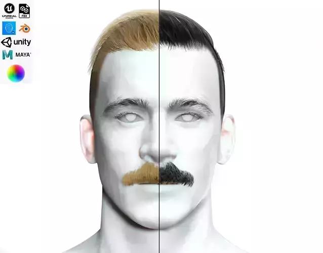 Classic Male Hair With Mustache Low-poly 3D model