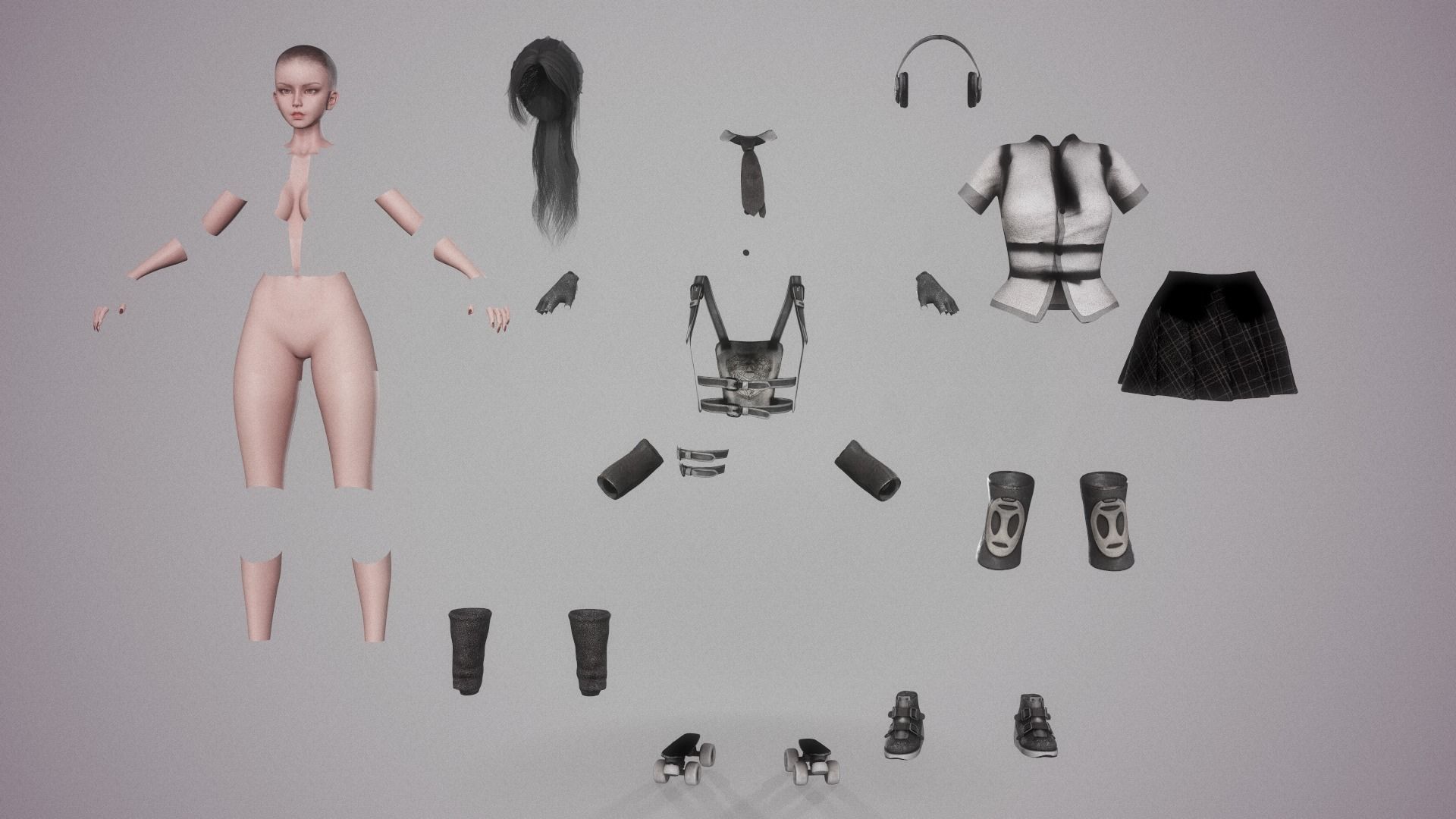 Roller School Girl Low-poly 3D model_5