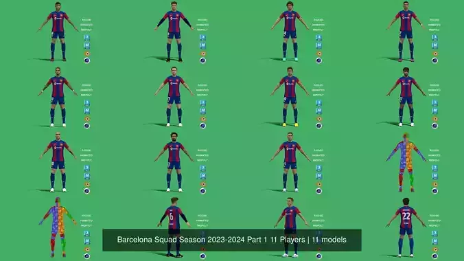 Barcelona Squad Season 2023-2024 Part 1 11 Players 3D Model Collection