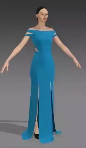 dress blue color belt and vwide neckline 