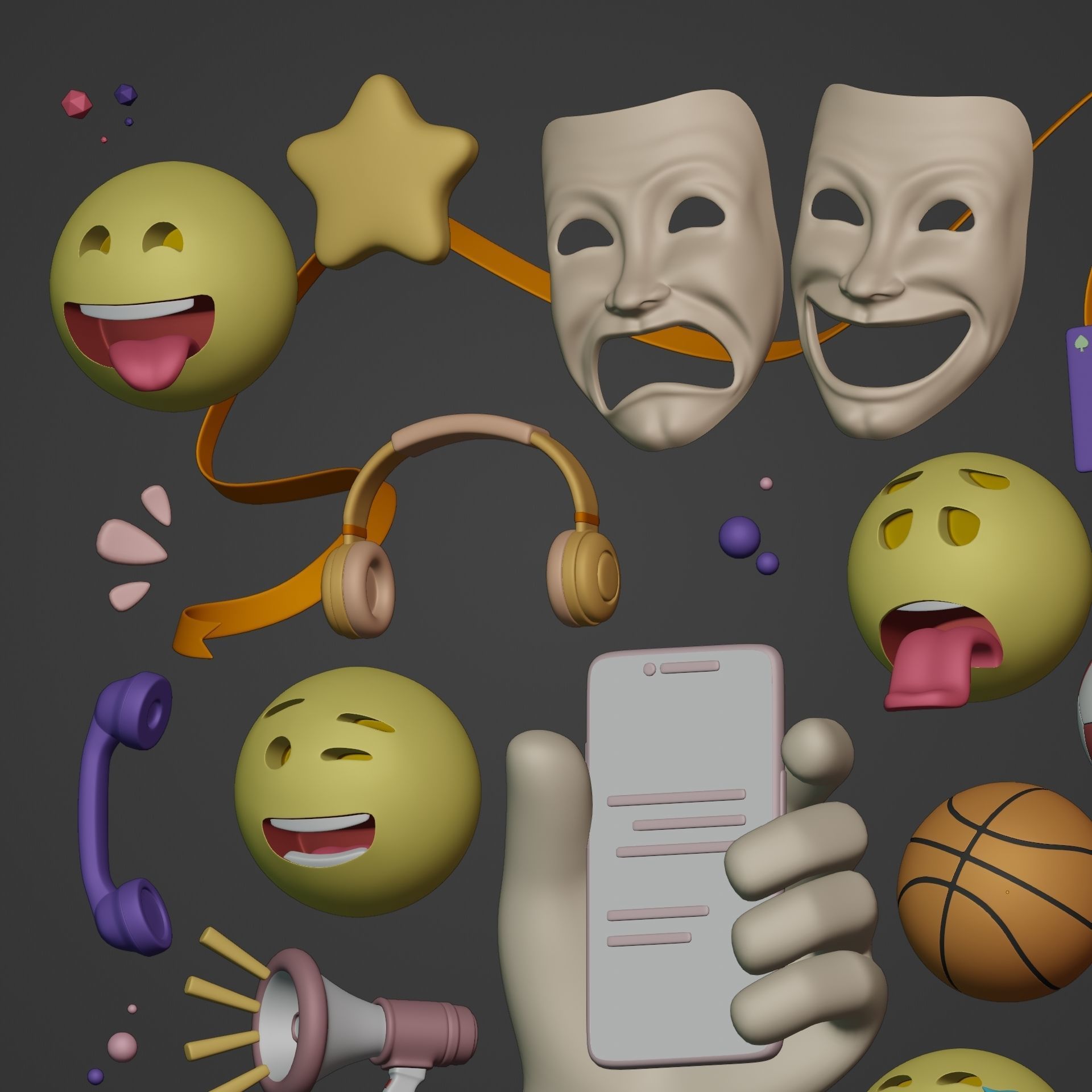 Cartoon Icon Pack - Emoji Smiley Music Hand Smartphone Game Ball Low-poly 3D model_9