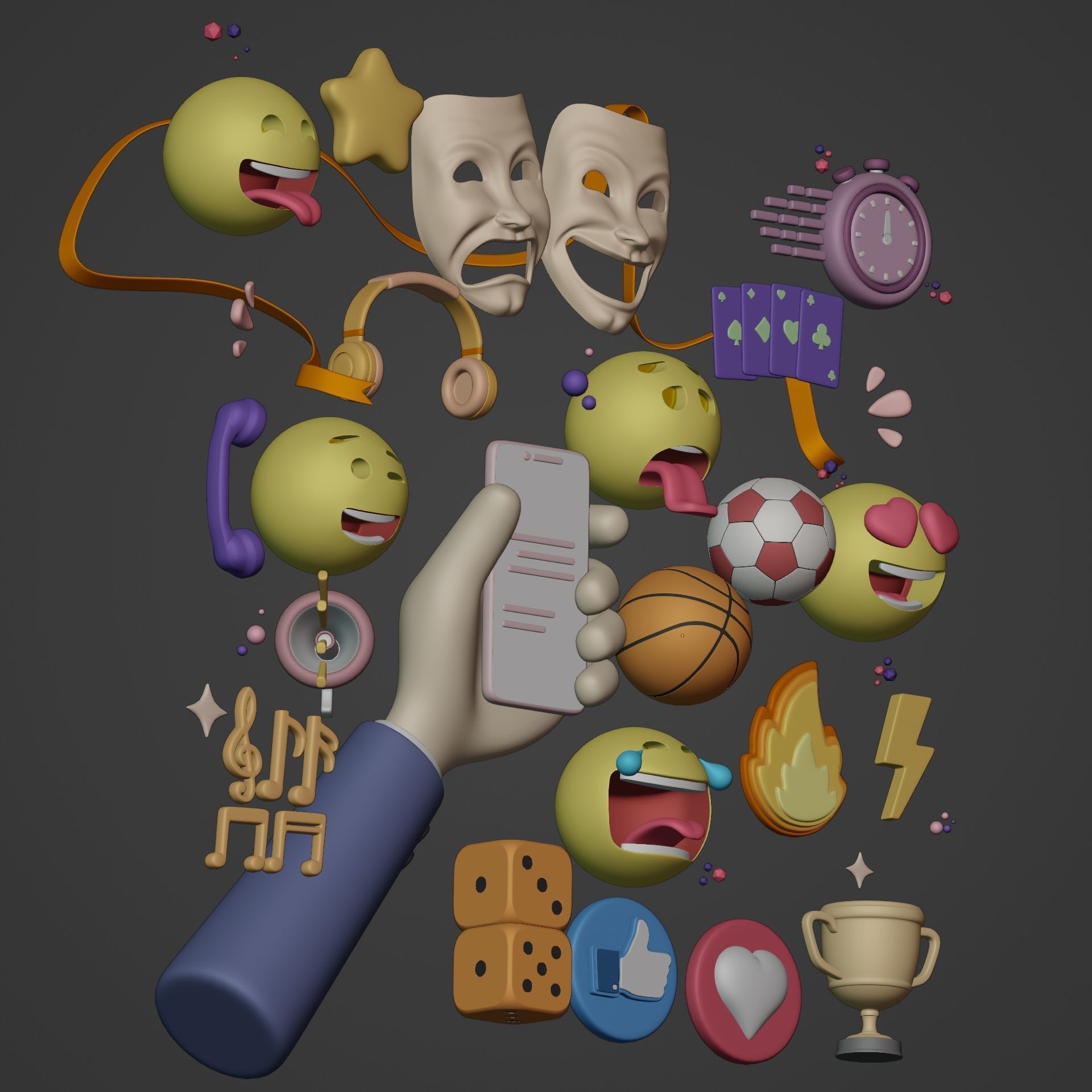 Cartoon Icon Pack - Emoji Smiley Music Hand Smartphone Game Ball Low-poly 3D model_5