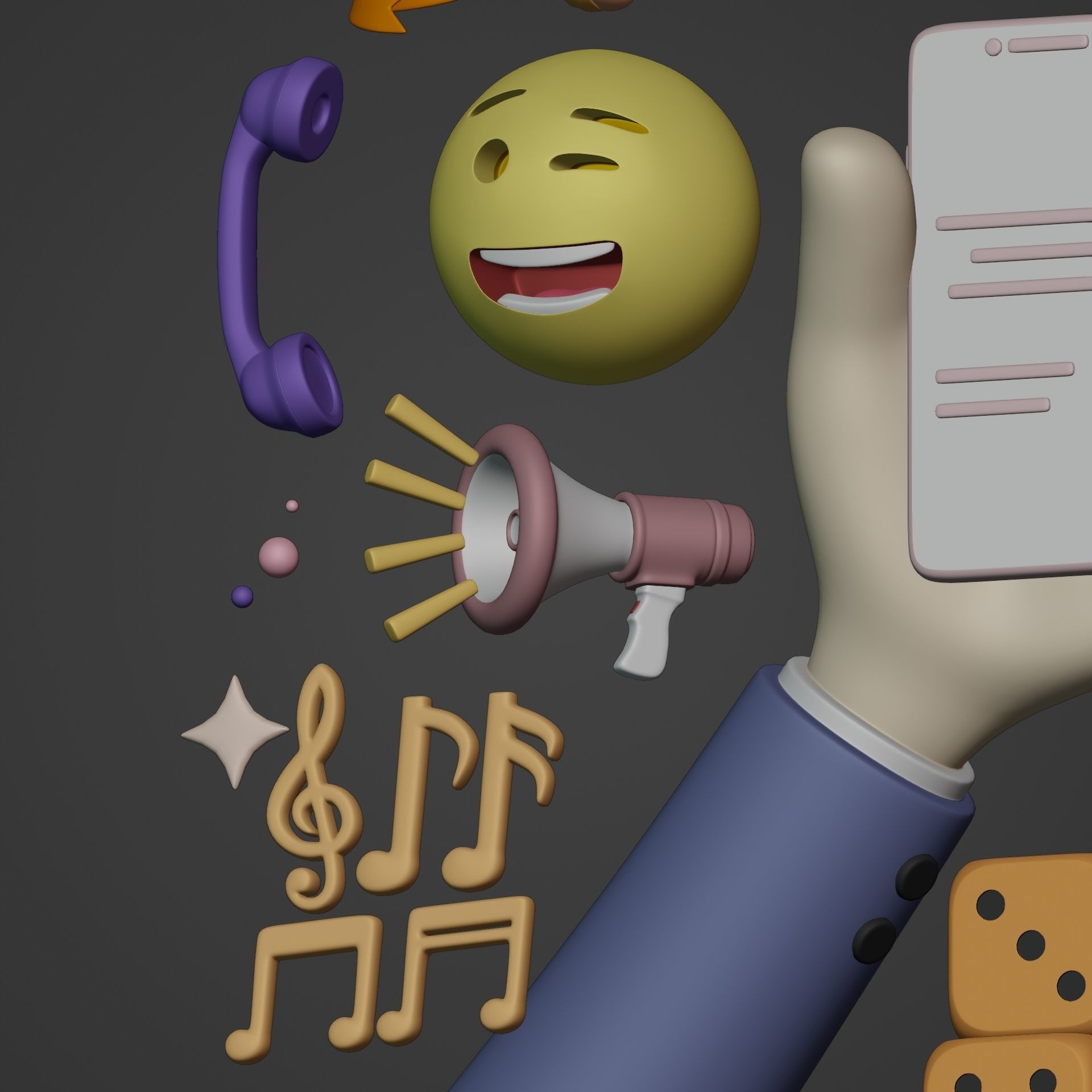 Cartoon Icon Pack - Emoji Smiley Music Hand Smartphone Game Ball Low-poly 3D model_13