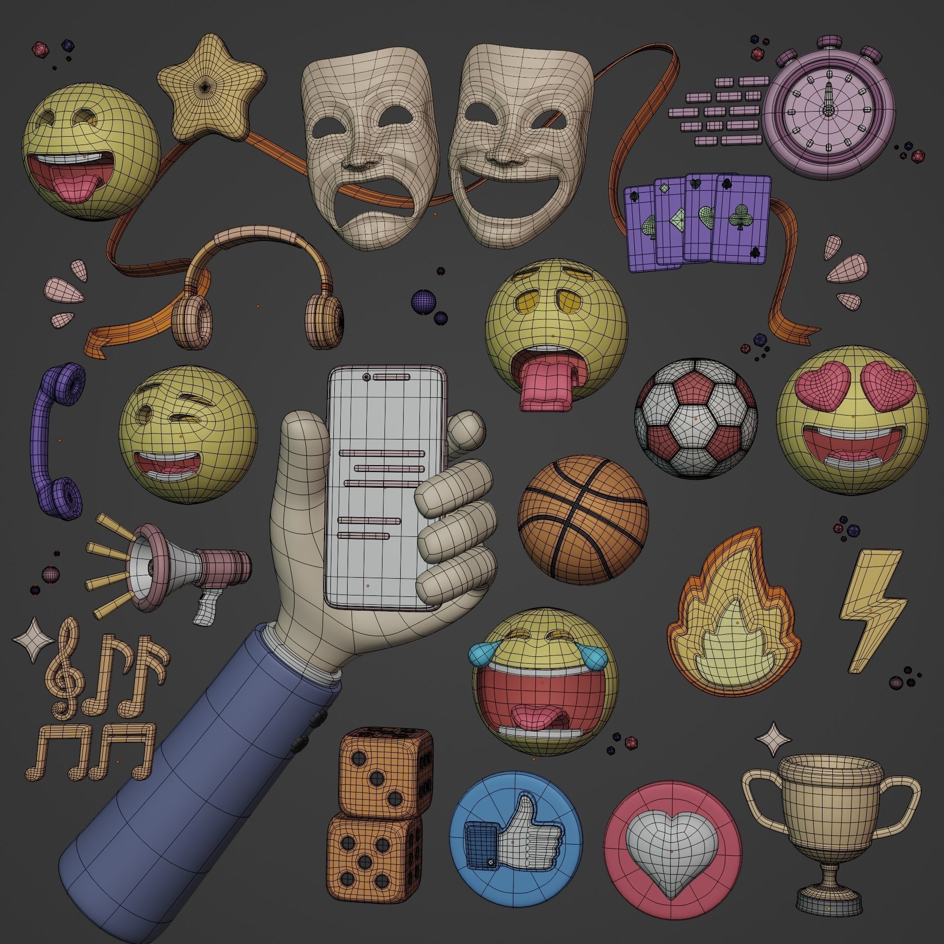 Cartoon Icon Pack - Emoji Smiley Music Hand Smartphone Game Ball Low-poly 3D model_2