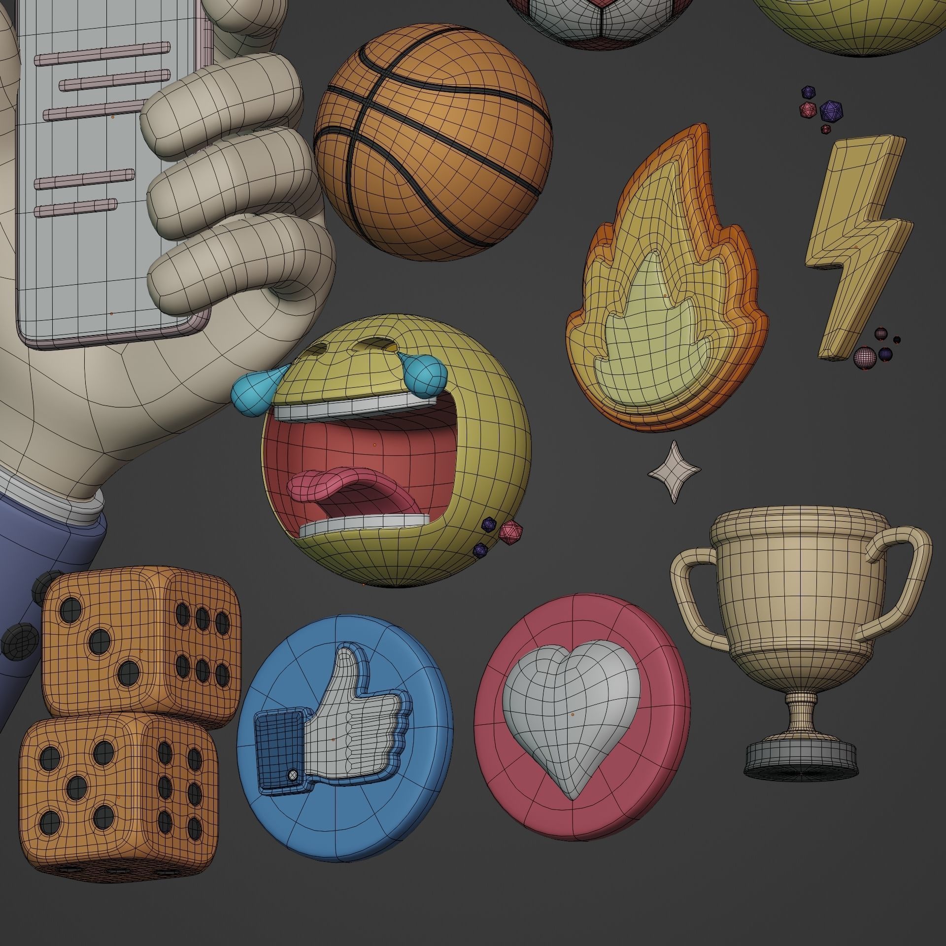 Cartoon Icon Pack - Emoji Smiley Music Hand Smartphone Game Ball Low-poly 3D model_16