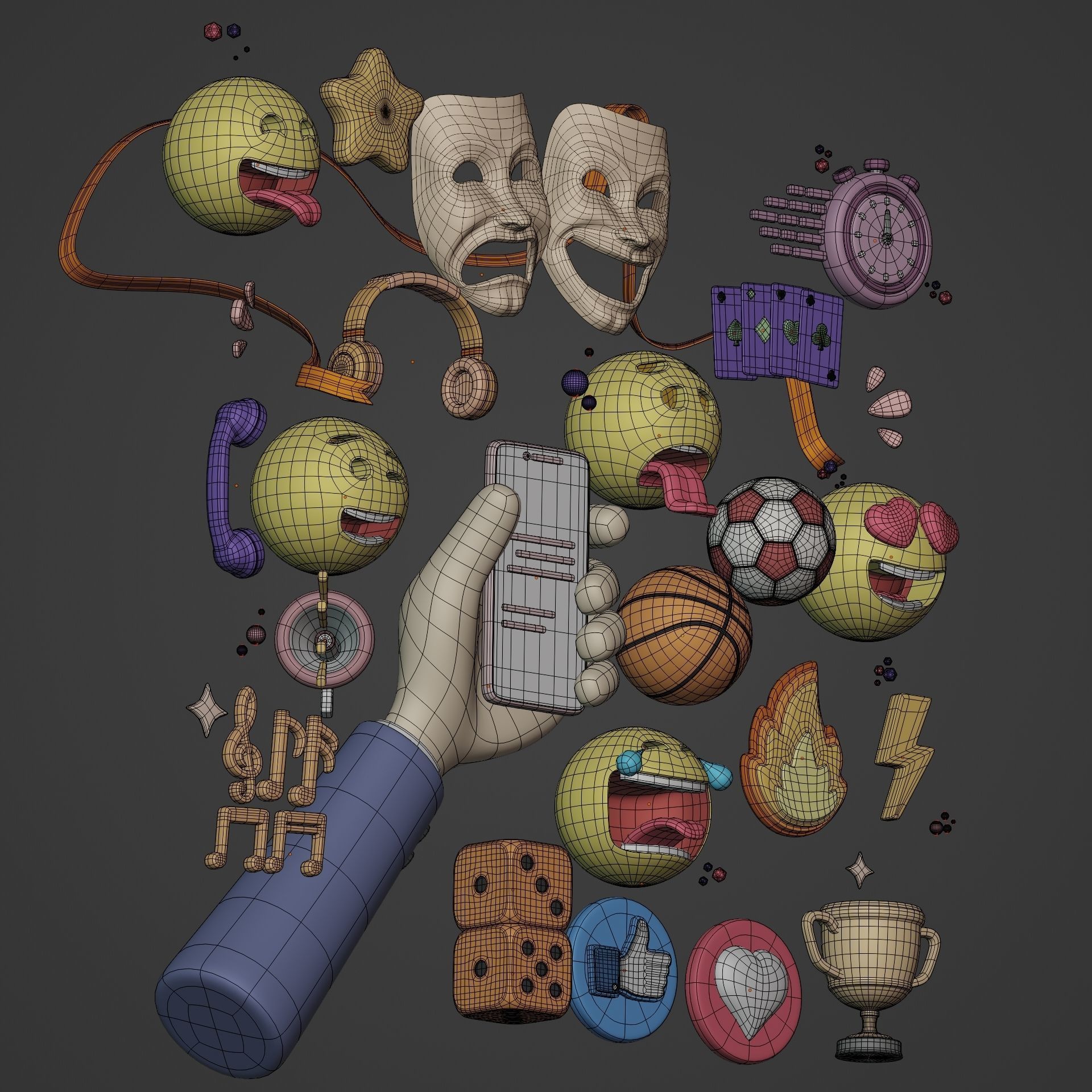 Cartoon Icon Pack - Emoji Smiley Music Hand Smartphone Game Ball Low-poly 3D model_6