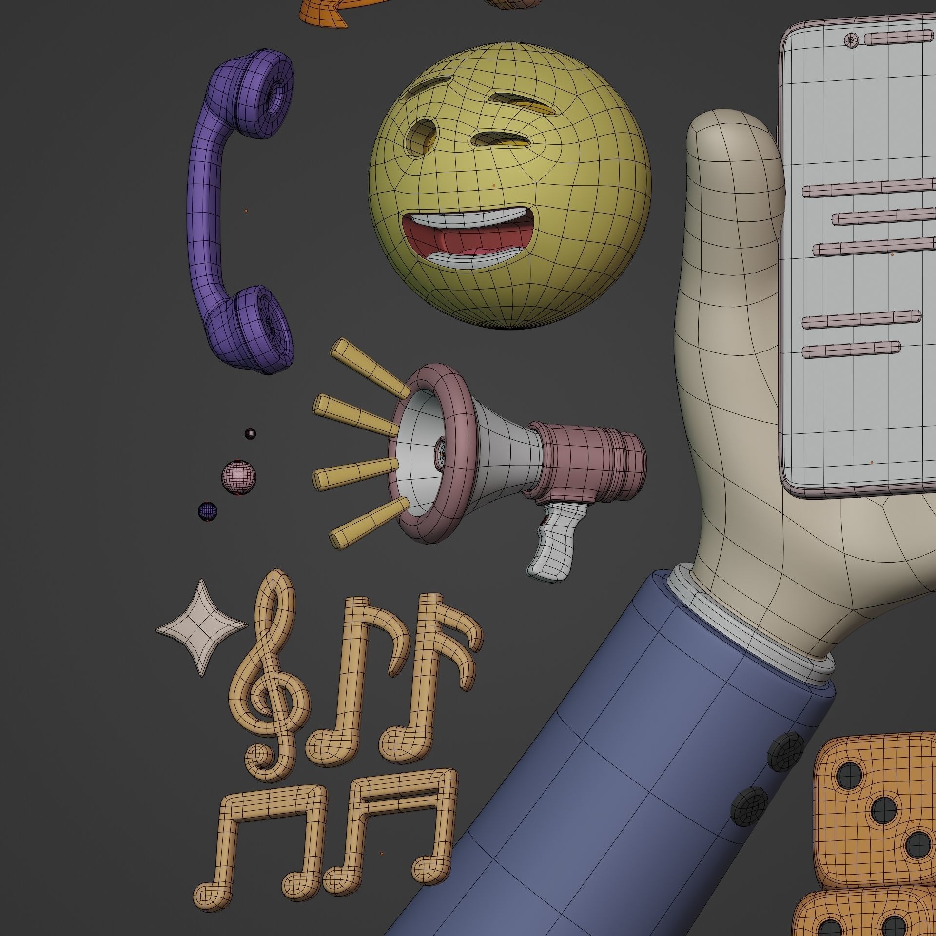 Cartoon Icon Pack - Emoji Smiley Music Hand Smartphone Game Ball Low-poly 3D model_14