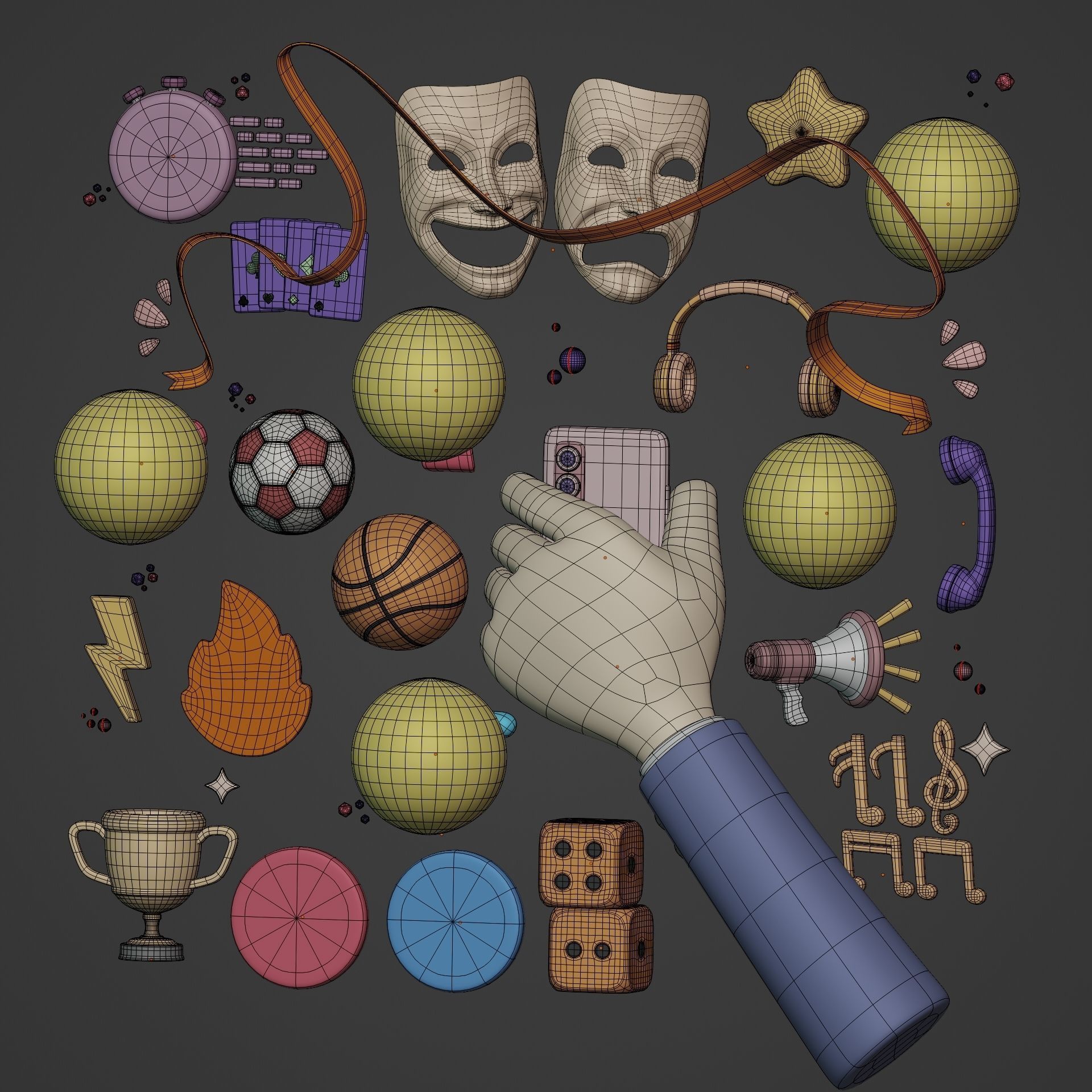 Cartoon Icon Pack - Emoji Smiley Music Hand Smartphone Game Ball Low-poly 3D model_8