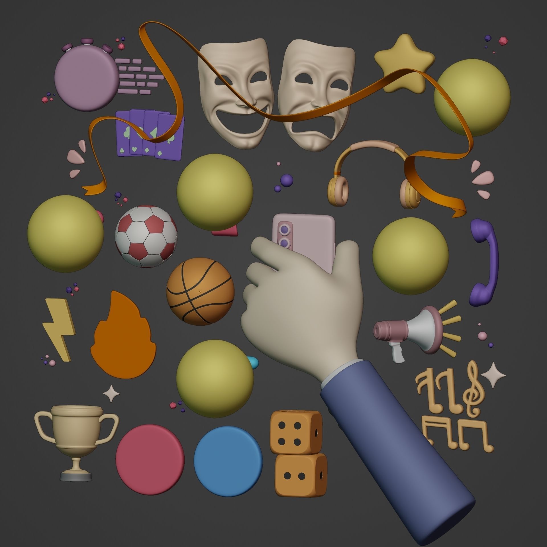 Cartoon Icon Pack - Emoji Smiley Music Hand Smartphone Game Ball Low-poly 3D model_7