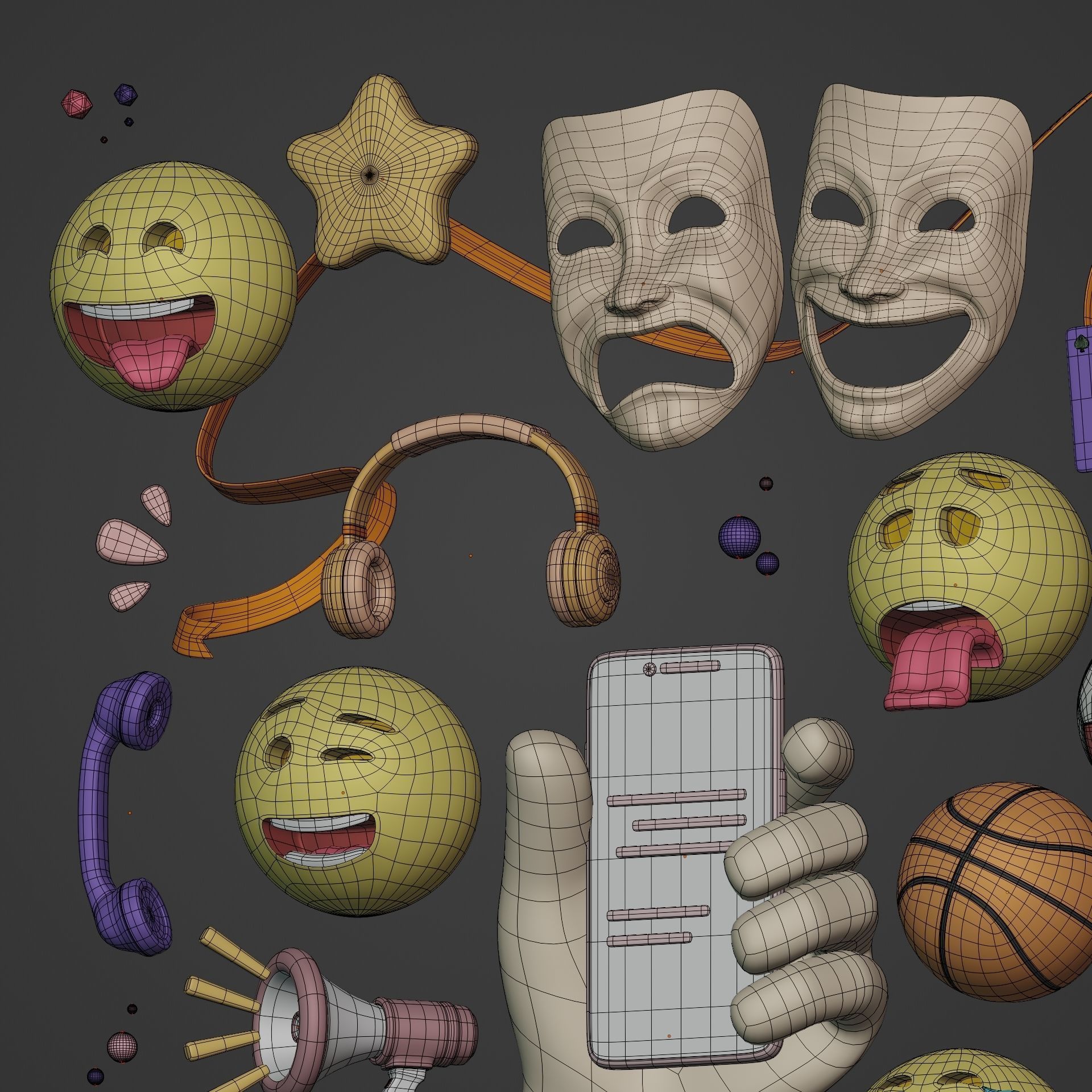 Cartoon Icon Pack - Emoji Smiley Music Hand Smartphone Game Ball Low-poly 3D model_10