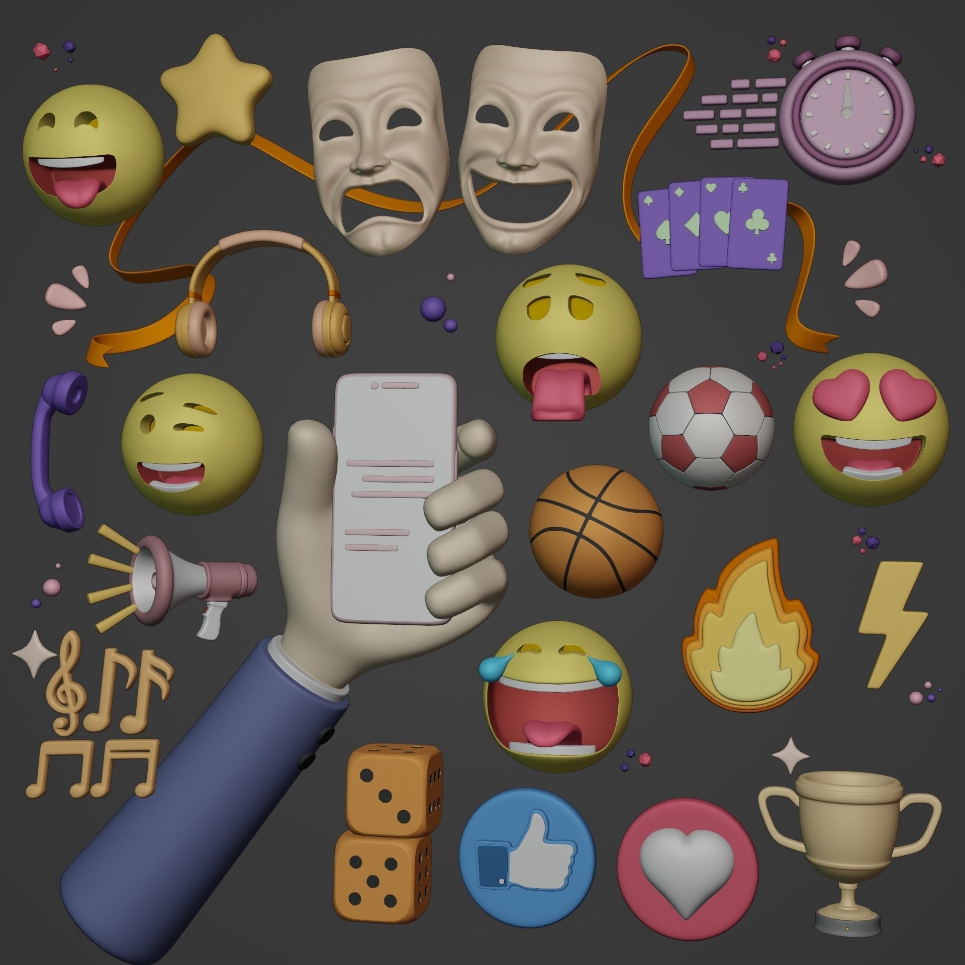 Cartoon Icon Pack - Emoji Smiley Music Hand Smartphone Game Ball Low-poly 3D model_1