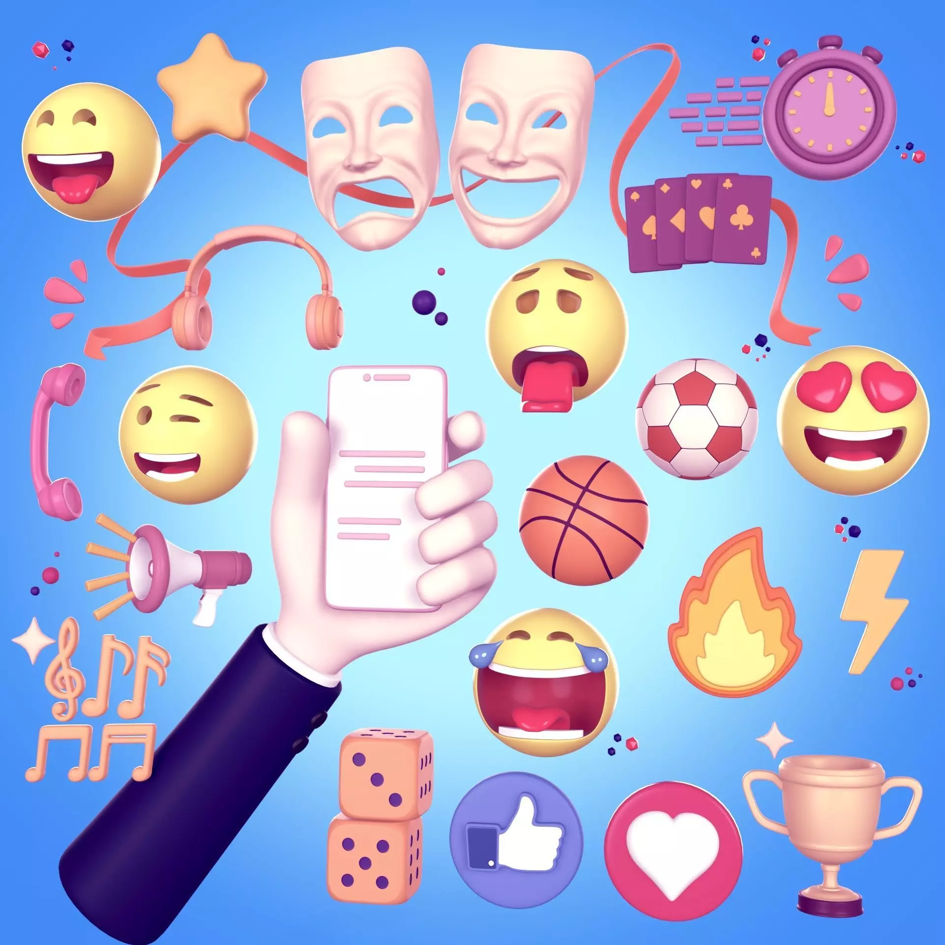 Cartoon Icon Pack - Emoji Smiley Music Hand Smartphone Game Ball Low-poly 3D model_0
