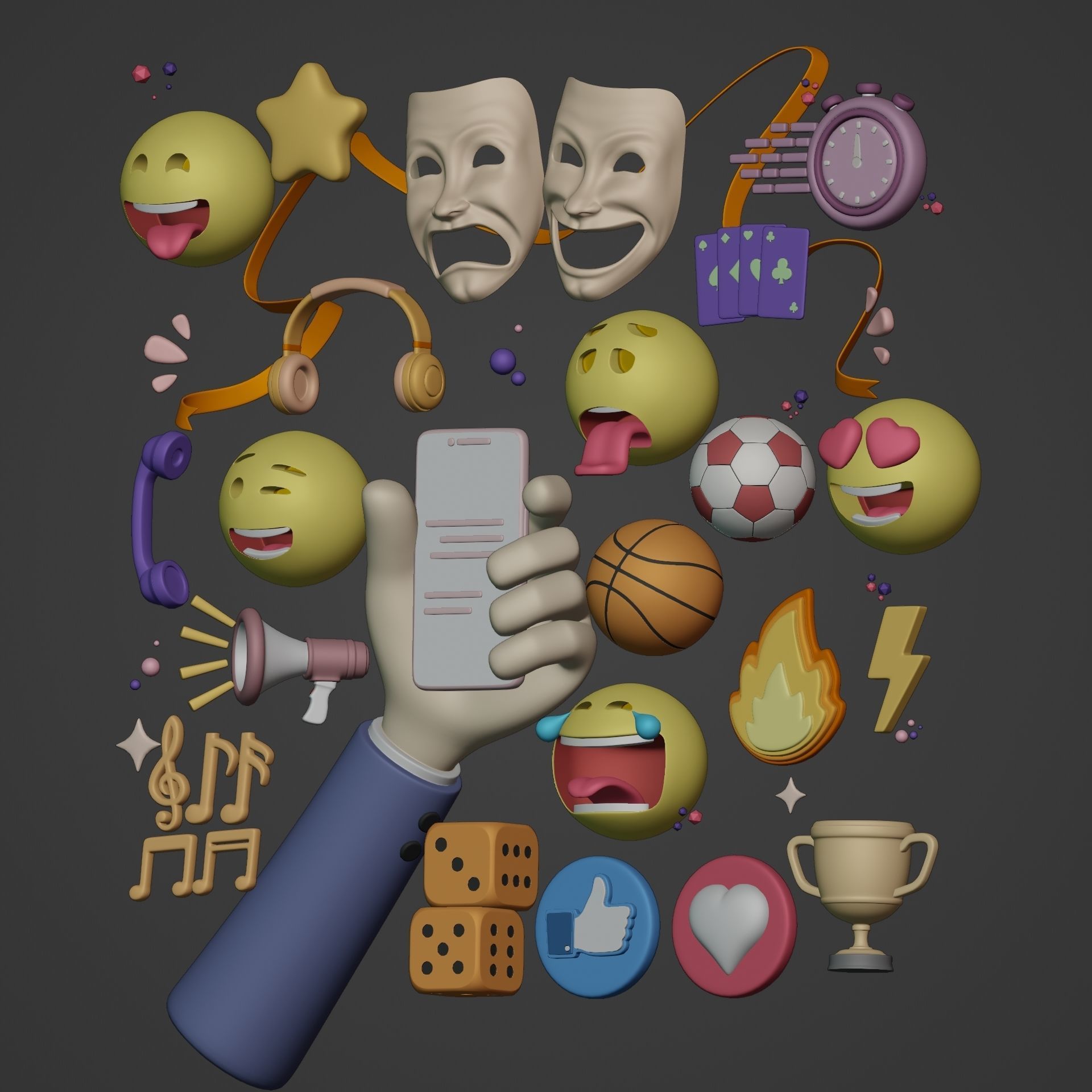 Cartoon Icon Pack - Emoji Smiley Music Hand Smartphone Game Ball Low-poly 3D model_3