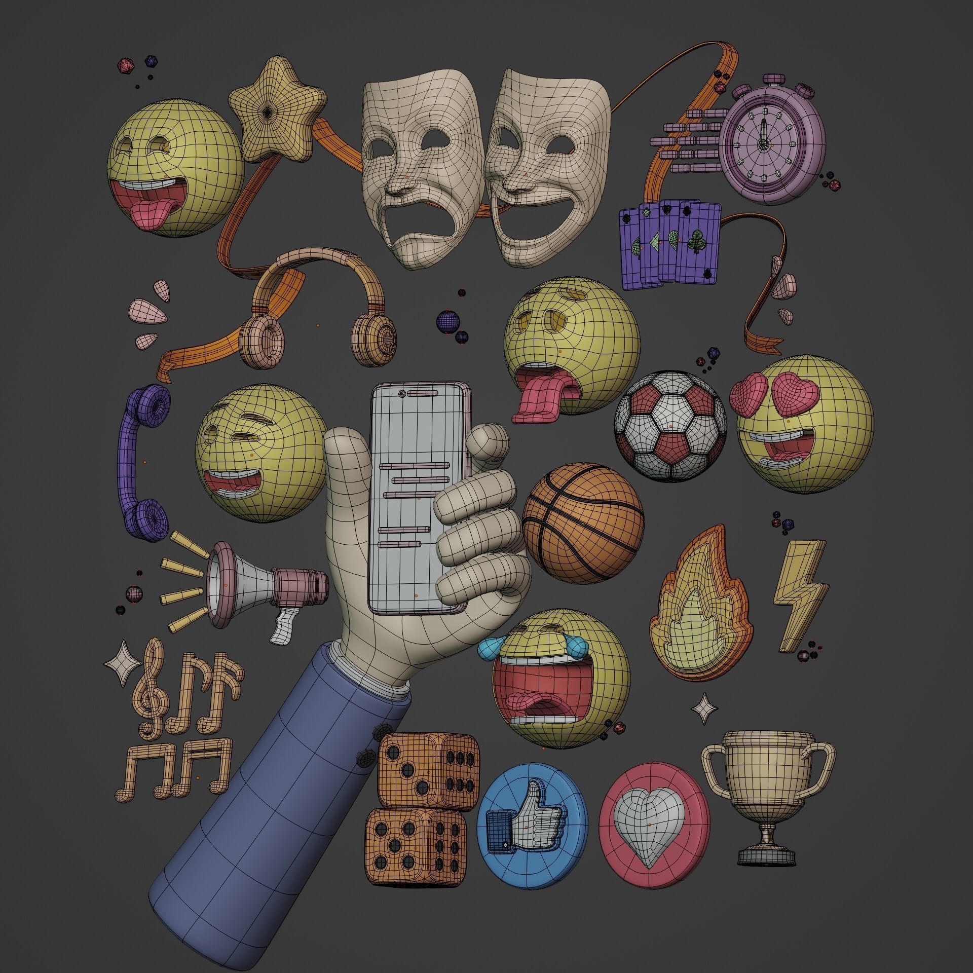 Cartoon Icon Pack - Emoji Smiley Music Hand Smartphone Game Ball Low-poly 3D model_4