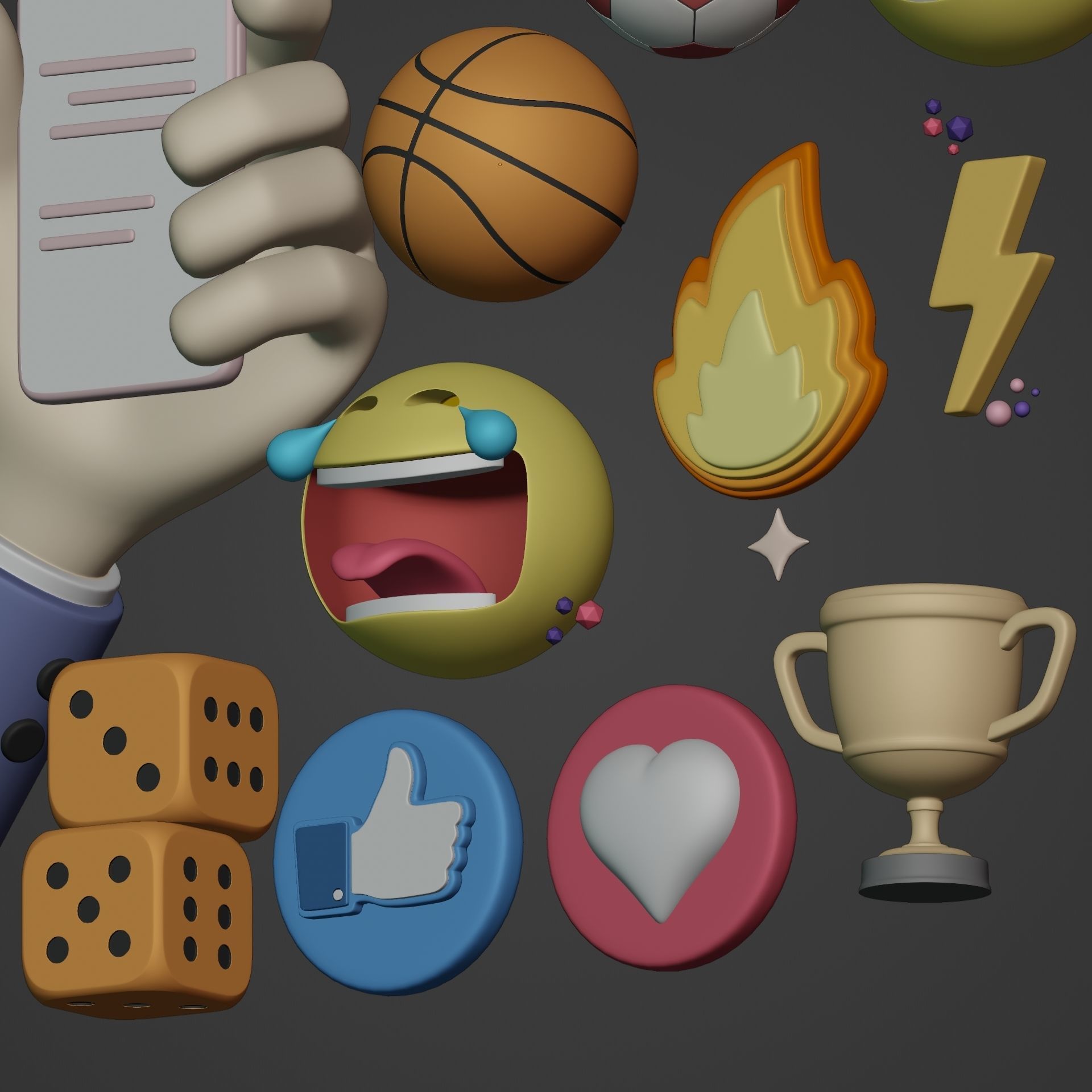 Cartoon Icon Pack - Emoji Smiley Music Hand Smartphone Game Ball Low-poly 3D model_15