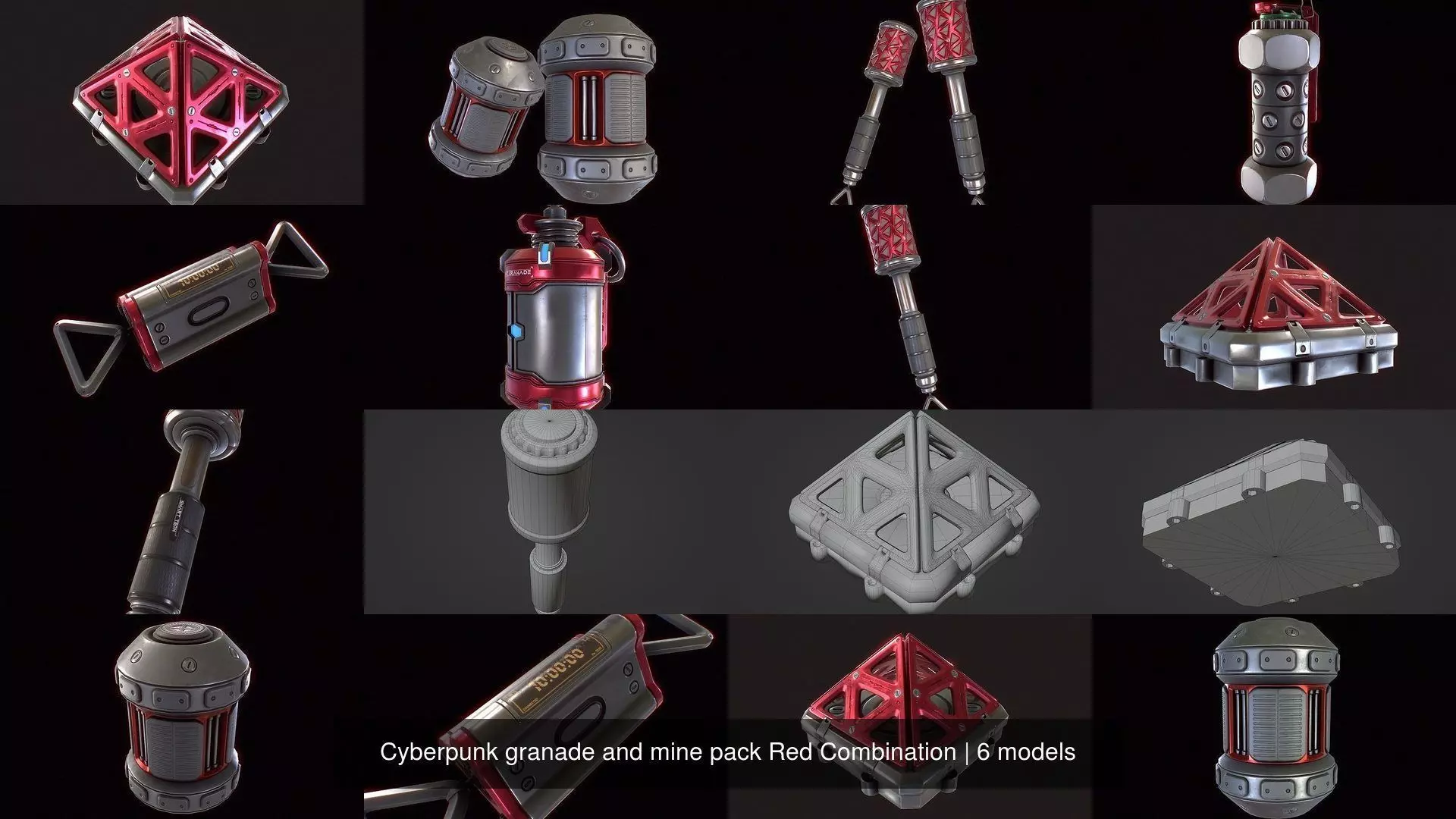 Cyberpunk granade and mine pack Red Combination 3D Model Collection_1