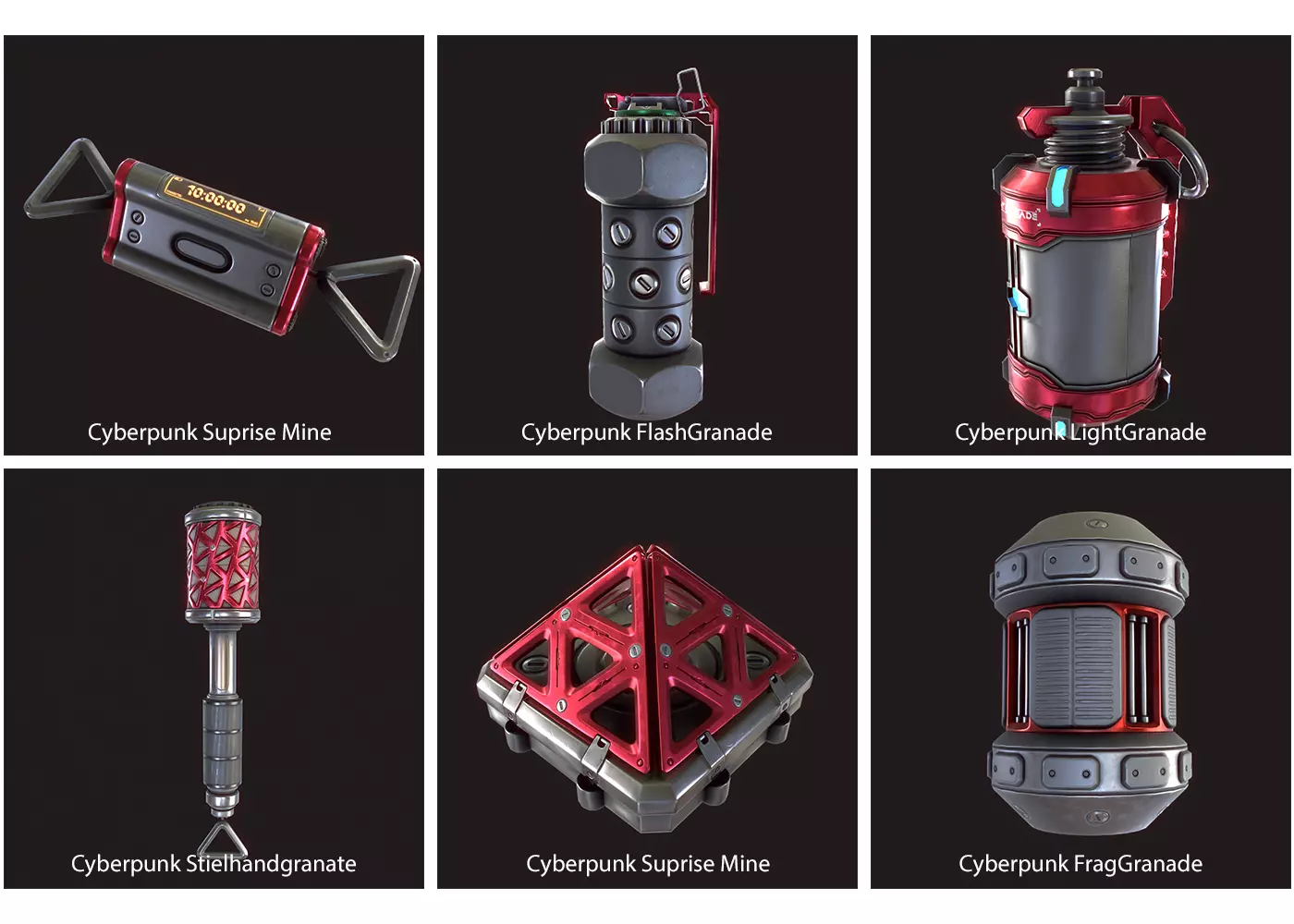 Cyberpunk granade and mine pack Red Combination 3D Model Collection_0