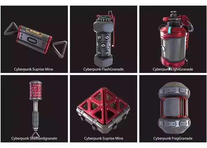 Cyberpunk granade and mine pack Red Combination 3D Model Collection