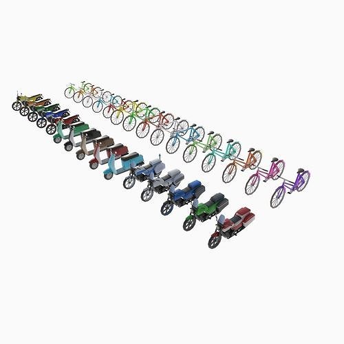 set of motorcycles and bicycles Low-poly 3D model