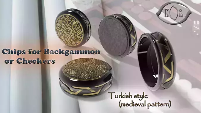 Chip Backgammon Checkers Turkish pattern style 3D printably 3D print model