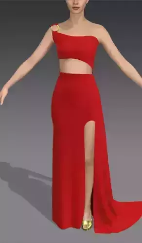 Dress red gold detail  one shoulder paneled