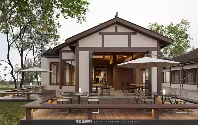 Elegant New Chinese Style Coffee Shop 3D Model and CAD Drawings