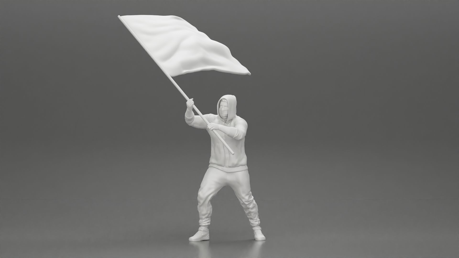 Man in hoodie and mask holding a big flag in support 3D print model_12